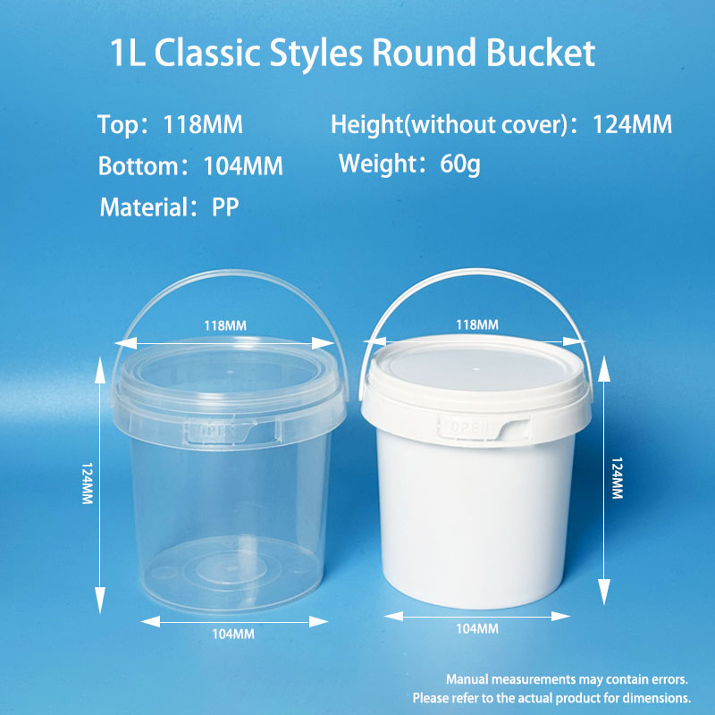 1L classic PP round bucket with arc handle and tamper-evident lid – transparent and white versions, top 118mm, base 104mm, height 124mm, weight 60g