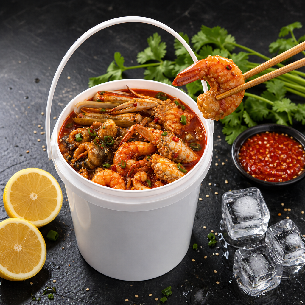 White round plastic bucket with arc handle filled with spicy seafood boil — shrimp, clams, and snails in chili broth, styled with chopsticks, lemon, ice cubes, and chili dipping sauce on dark slate background