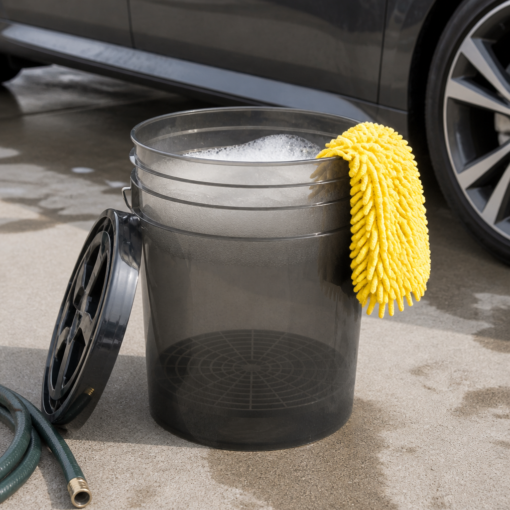 Smoke-grey transparent round plastic bucket with grit guard insert filled with soapy water and yellow microfiber wash mitt, lid removed, placed on wet concrete beside a car wheel and garden hose in an outdoor car wash setting