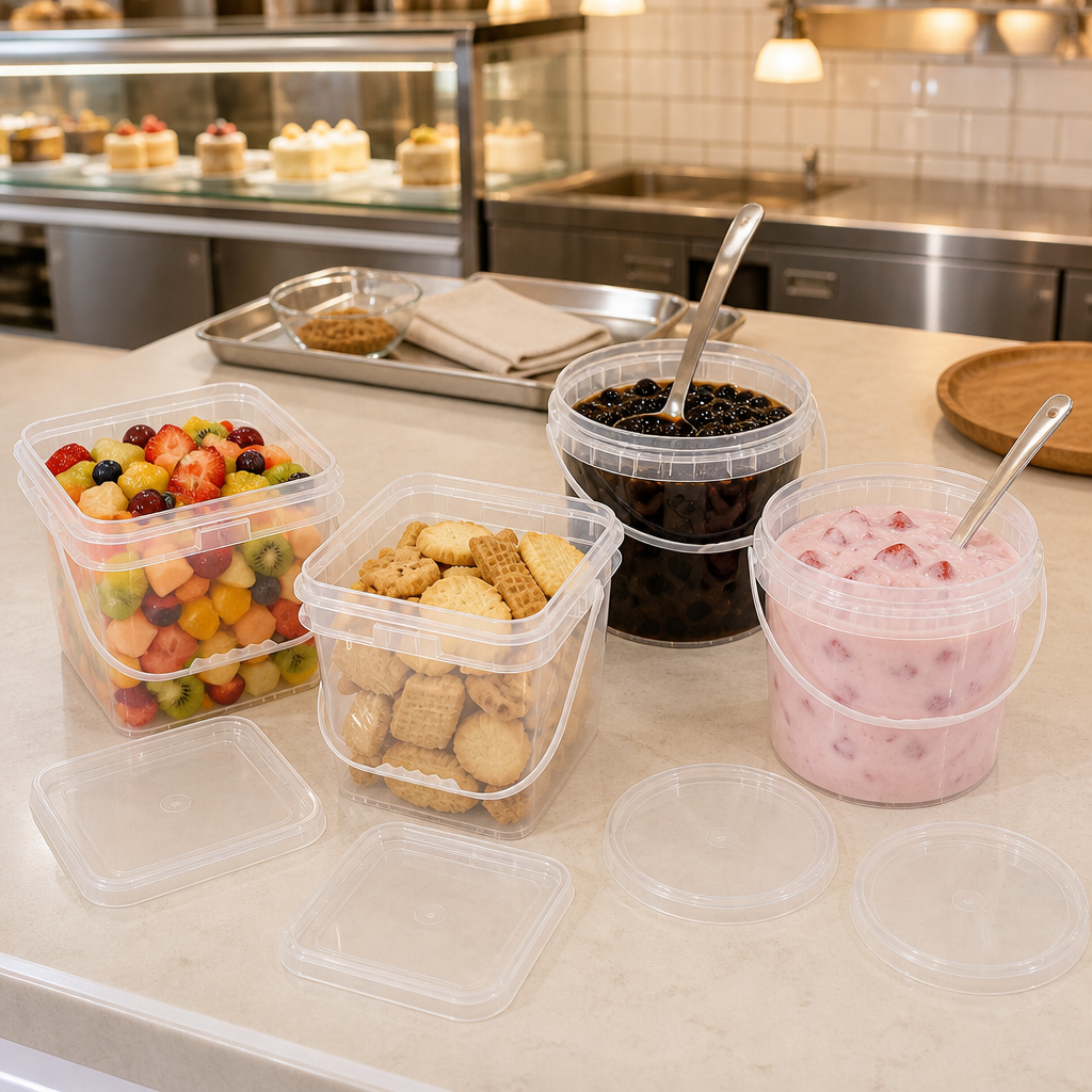 Four open transparent plastic containers on bakery counter — two square buckets filled with mixed fruit salad and assorted biscuits, two round buckets filled with black tapioca pearl drink and strawberry yogurt, matching lids placed beside each container, glass pastry display case in background