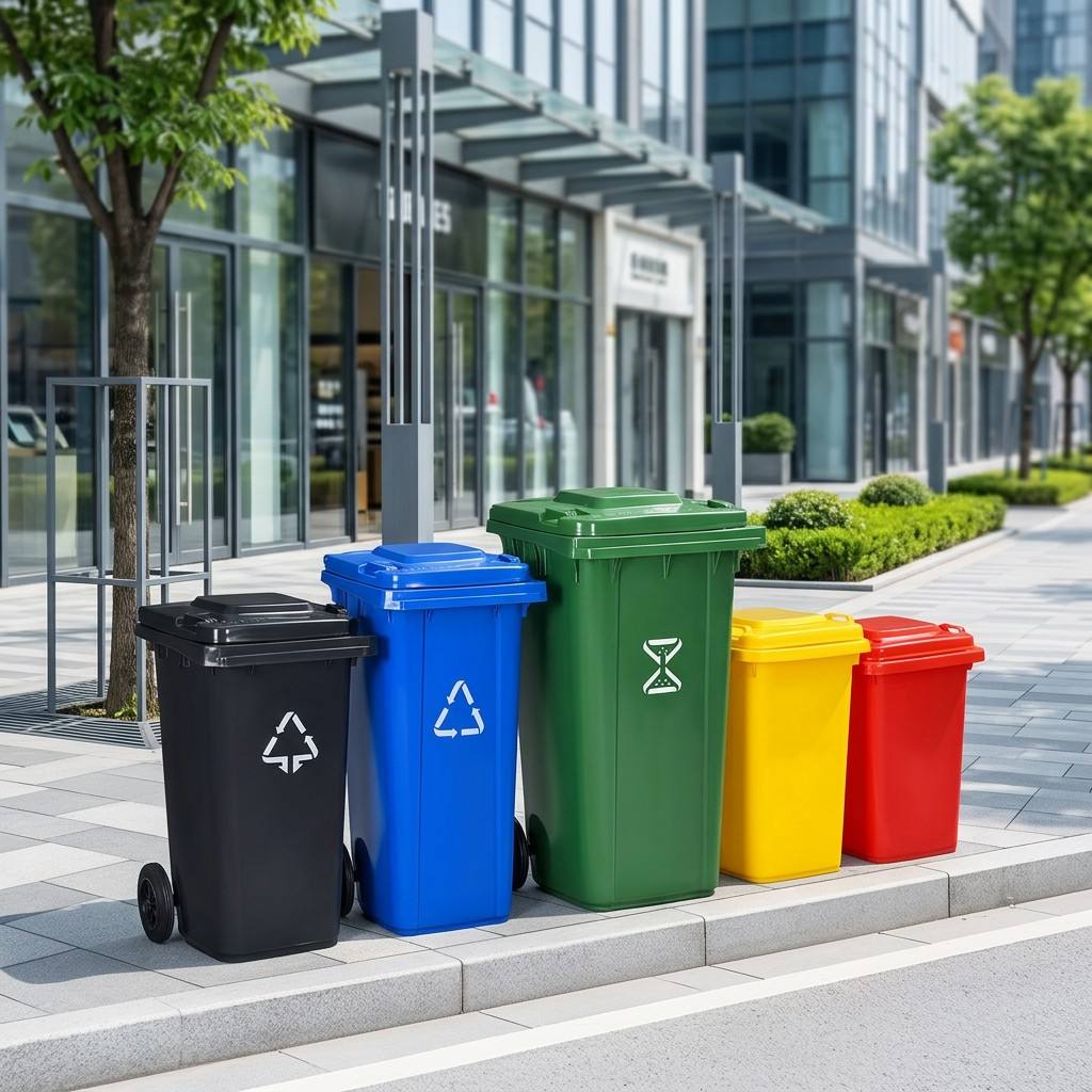 Fünf farbcodierte Recycling-Mülltonnen auf Rädern – schwarz, blau, grün, gelb und rot – stehen auf einem städtischen Bürgersteig vor modernen Glasgebäuden in einer Reihe
