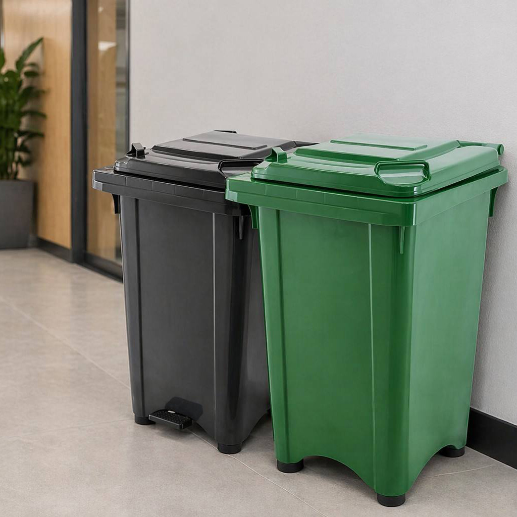 Forest green and black indoor step-pedal waste bins with hinged lids in modern commercial hallway with tiled floor white walls and indoor plants