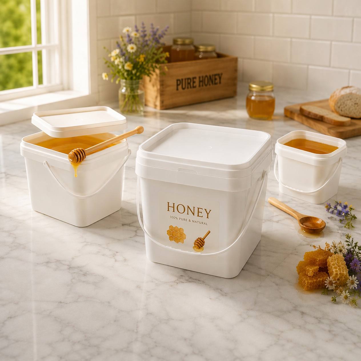 Rulyda square plastic buckets used as honey storage containers on white marble countertop, center bucket with HONEY label and gold honeycomb graphic, open buckets with golden honey, honeycomb chunks, wildflowers, and fresh bread in bright kitchen setting