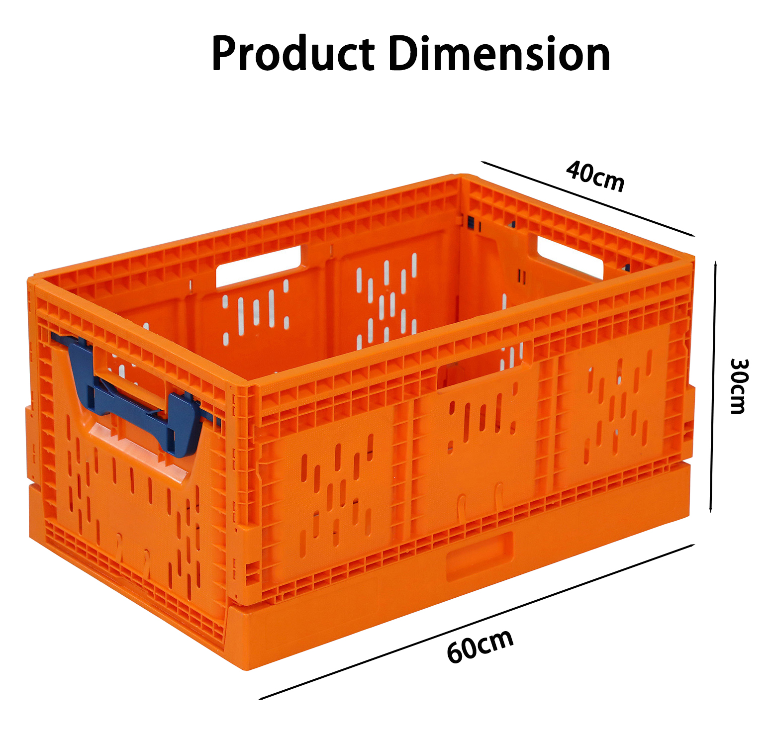 Caixa dobrável de plástico laranja com pegas azuis, indicando as dimensões do produto (60 x 40 x 30 cm) para fins de logística normalizada