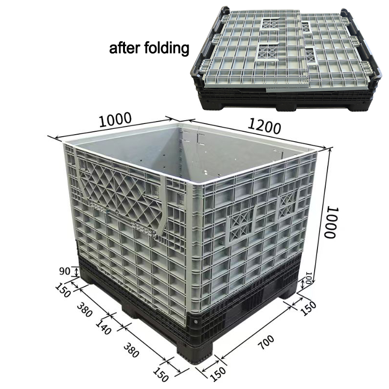 Schéma des dimensions d'une caisse-palette pliable indiquant les dimensions de 1 200 × 1 000 × 1 000 mm à l'état assemblé et replié, avec les cotes d'accès pour les chariots élévateurs