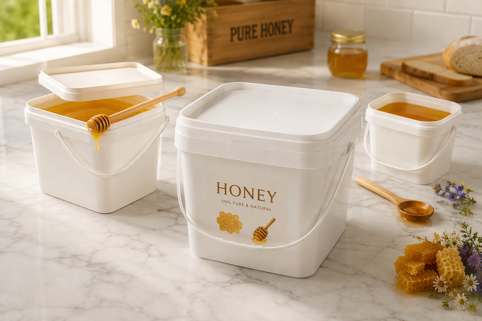Why Food and Chemical Brands Source FDA-Certified Plastic Buckets from Rulyda 1 Rulyda square plastic buckets used as honey storage containers on white marble countertop, center bucket with HONEY label and gold honeycomb graphic, open buckets with golden honey, honeycomb chunks, wildflowers, and fresh bread in bright kitchen setting