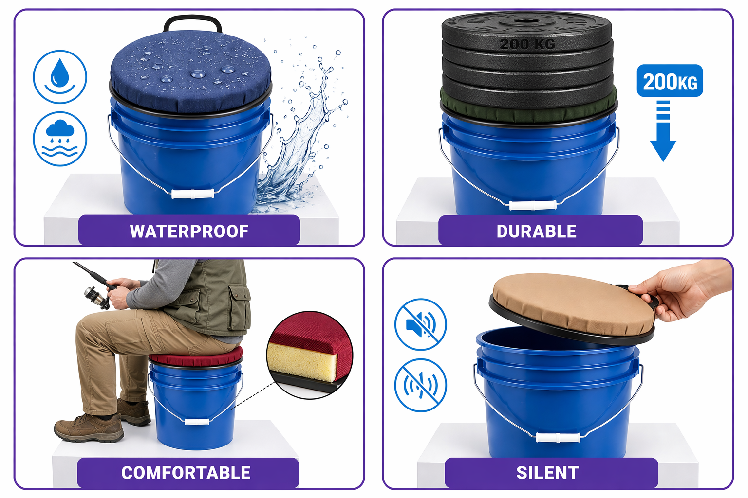 Rulyda Fishing Bucket Seat Lid product showcase with multiple color options displayed on white background, featuring 600D Oxford cloth cushion with EVA memory foam padding and ABS base tray