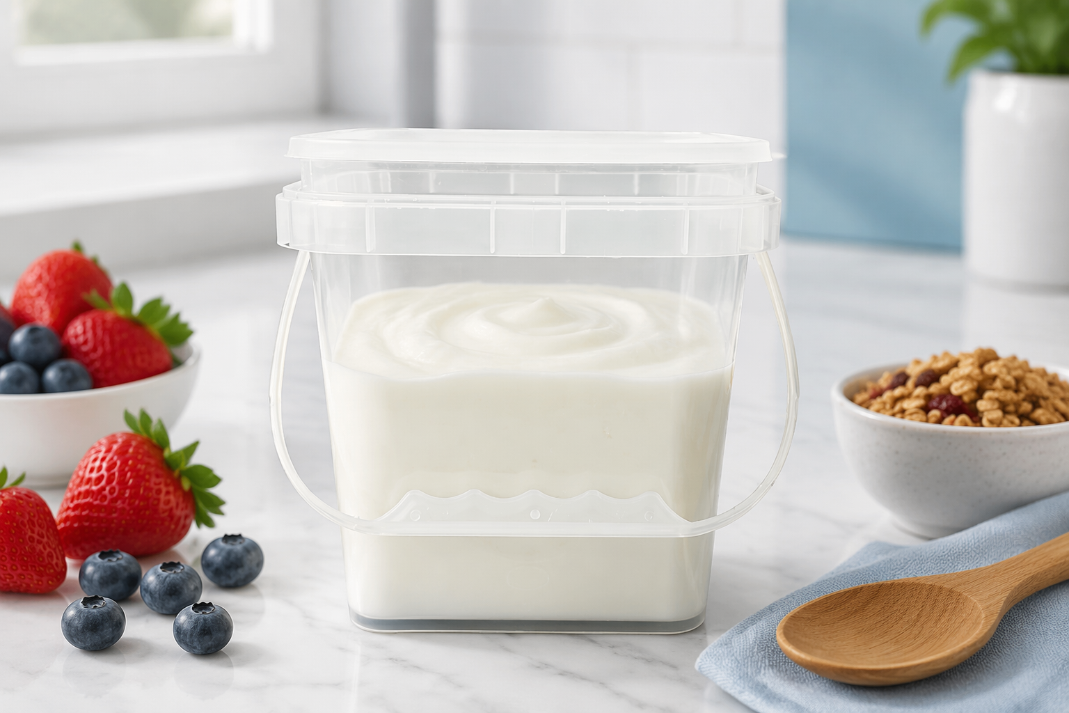 Rulyda clear square plastic bucket filled with thick white yogurt on marble countertop, surrounded by fresh strawberries, blueberries, granola bowl, wooden spoon, and light blue napkin in bright kitchen with white subway tile background