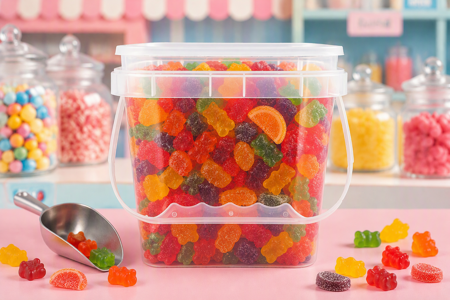 Rulyda clear square plastic bucket filled with assorted colorful gummy bears and orange fruit slice candies on pink surface, metal scoop and scattered candies in foreground, pastel candy shop shelves with glass jars in blurred background