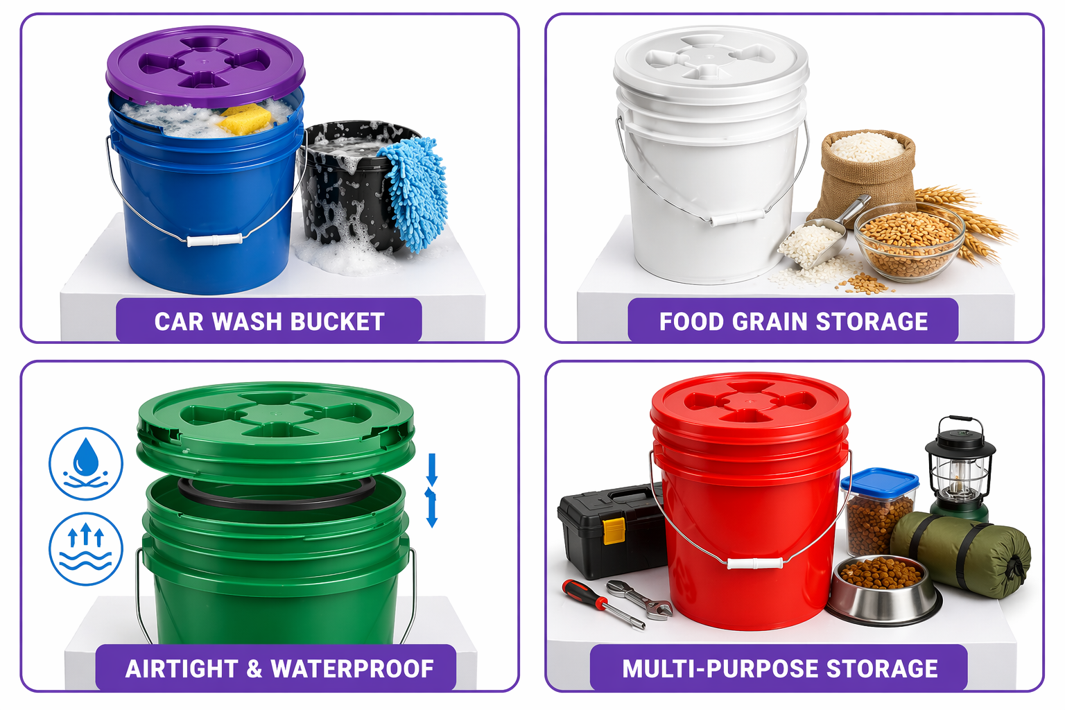 Rulyda Gamma Seal Lid bucket system four-panel collage: car wash with soapy blue bucket, food grain storage with white bucket, airtight waterproof green bucket with O-ring gasket, and multi-purpose red bucket with camping and pet items