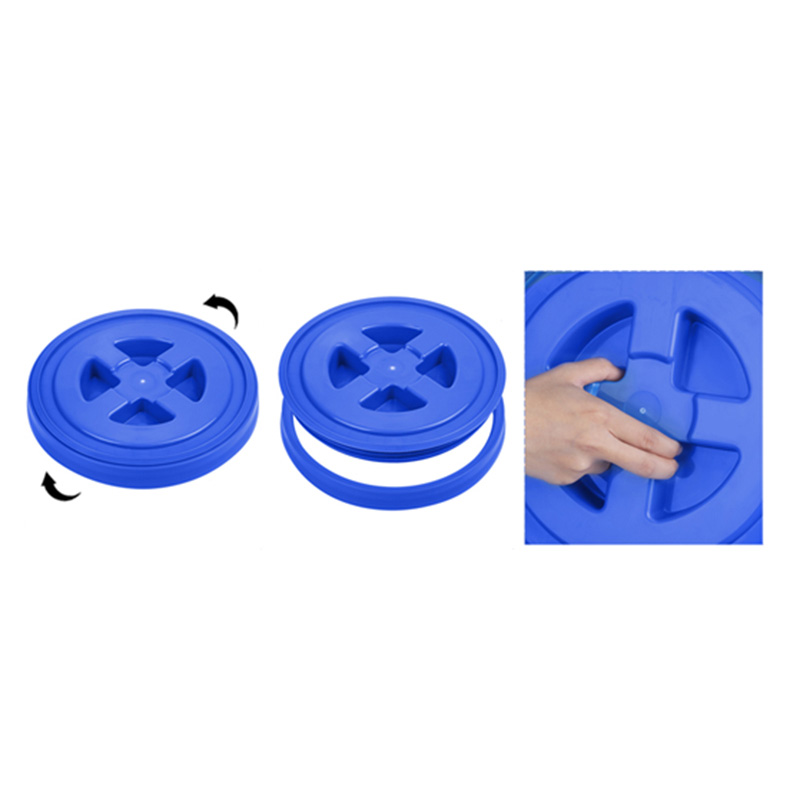 Rulyda Gamma Seal Lid screw-on mechanism demonstrated in three steps: assembled blue lid with rotation arrows, separated two-part construction showing threaded lid and mounting ring, and hand gripping cross-shaped indent to turn