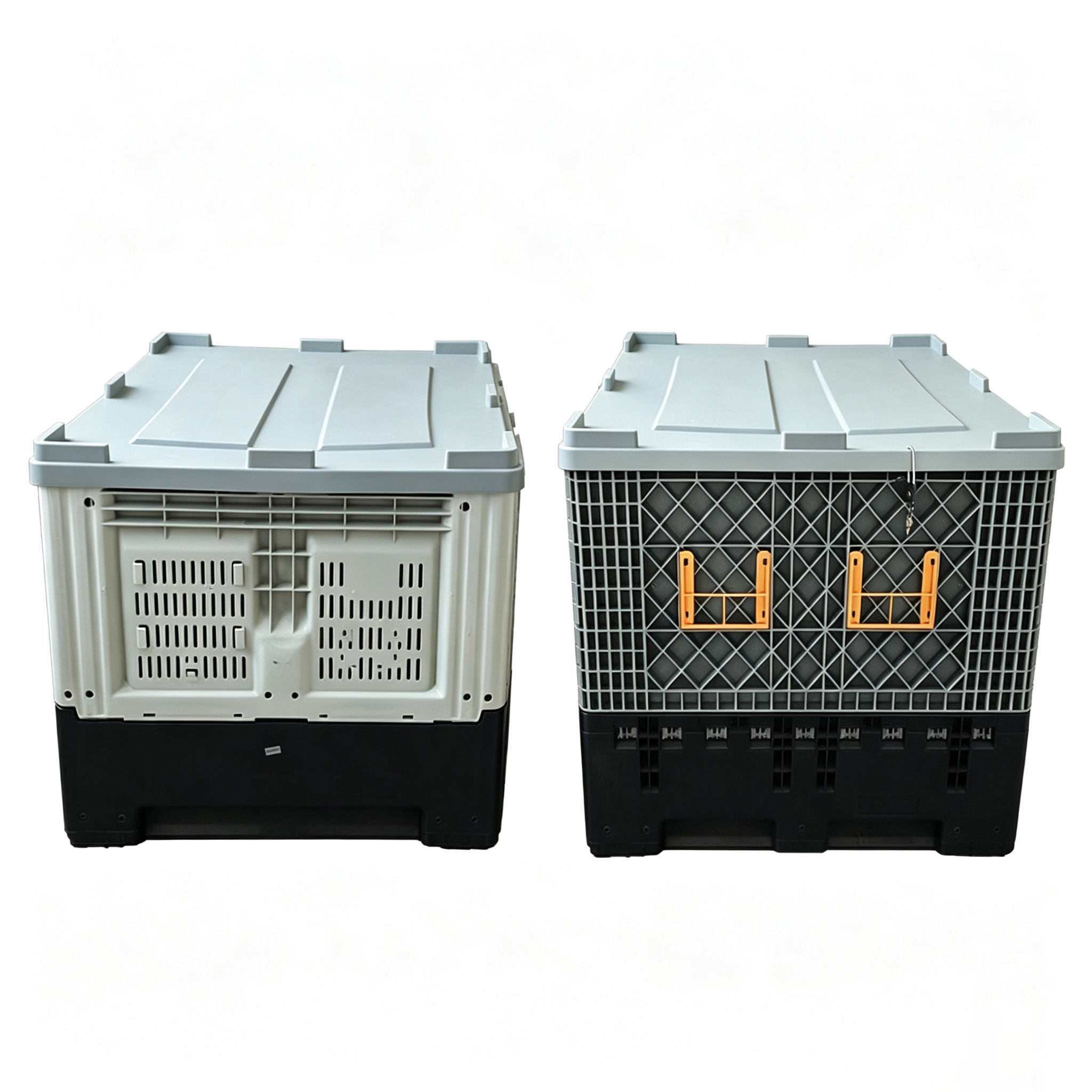 Foldable vs Fixed Plastic Pallet Boxes: An Engineering Comparison for Industrial Procurement 3 Rulyda pallet box comparison: left unit shows solid side panel with ventilation slots, right unit features mesh drop-gate with orange locking latches, both with black forklift-ready bases on white background