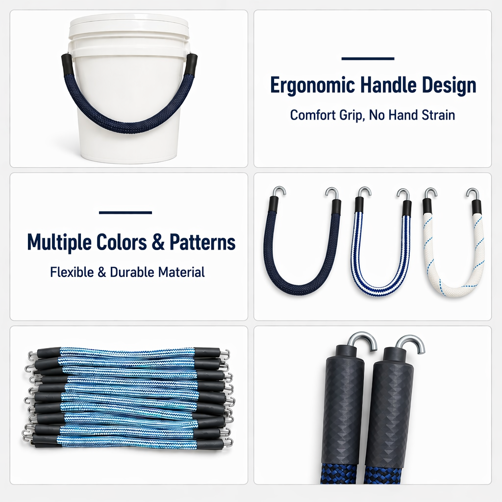 Rulyda Braided Rope Bucket Handle infographic: six-panel grid showing bucket with navy braided handle, ergonomic design text, three color/pattern variants in U-shape, stacked product batch, and close-up of diamond-textured end sleeves with J-hooks