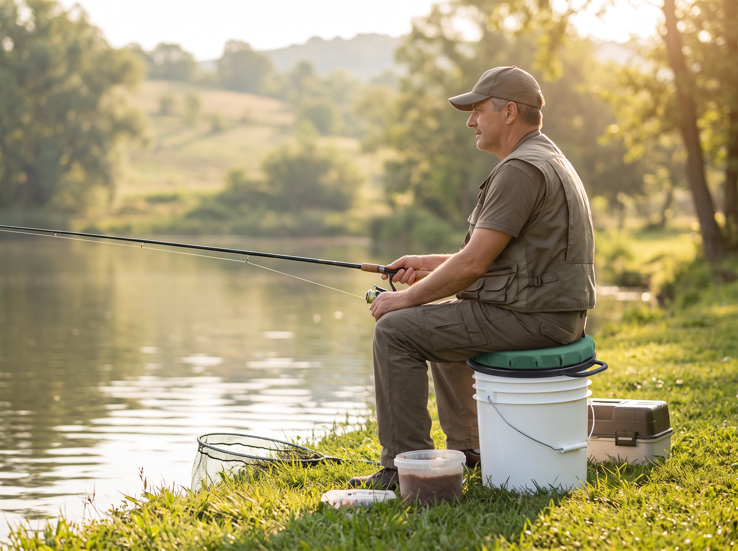 Rulyda Fishing Bucket Seat Lid in use: angler seated on dark green padded cushion bucket by calm lake during golden hour, surrounded by fishing rod, tackle box, landing net and bait containers