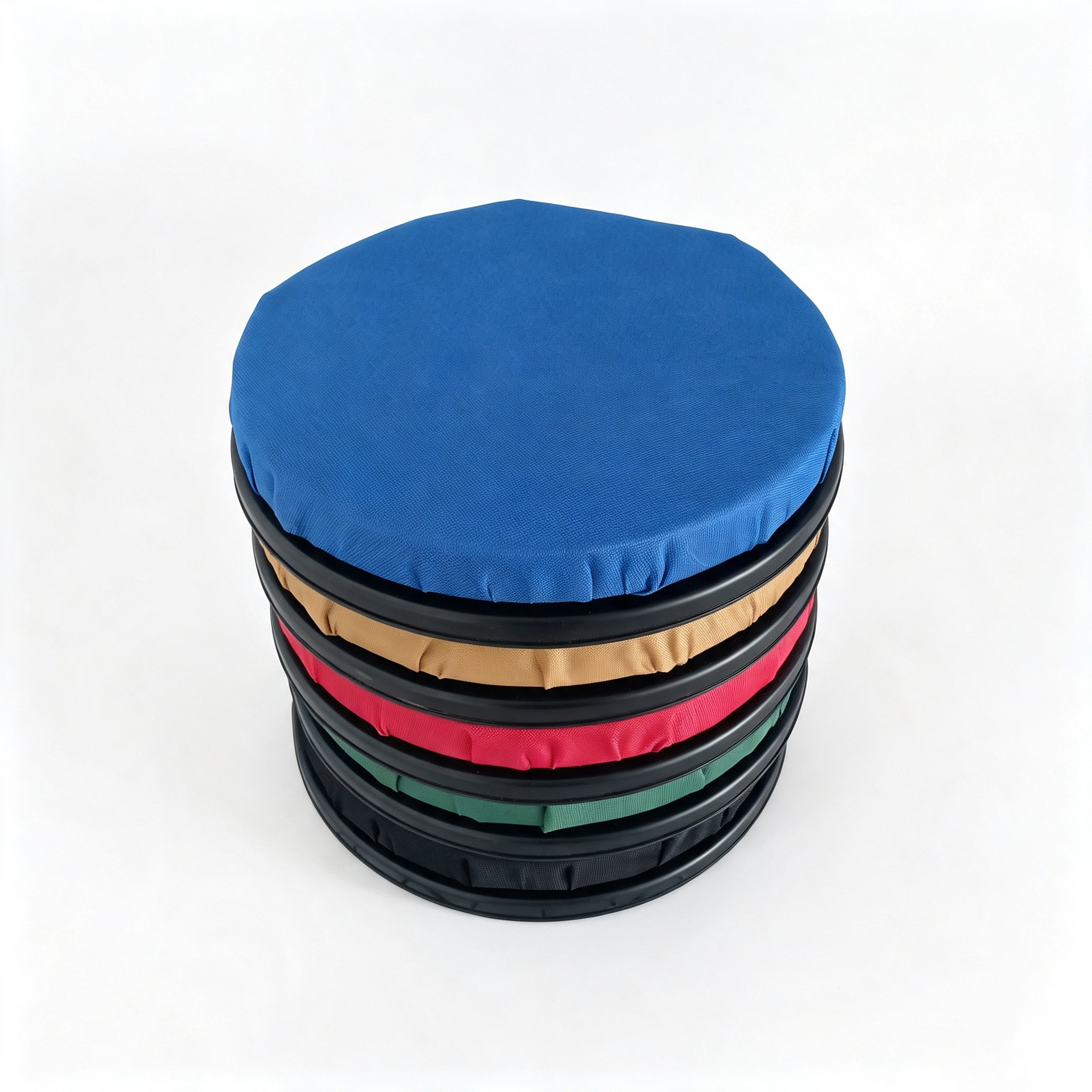 Rulyda Fishing Bucket Seat Lids stacked vertically in five colors — royal blue, tan, red, forest green, and black — showing 600D Oxford cloth cushion tops with black ABS tray rims on light gray background