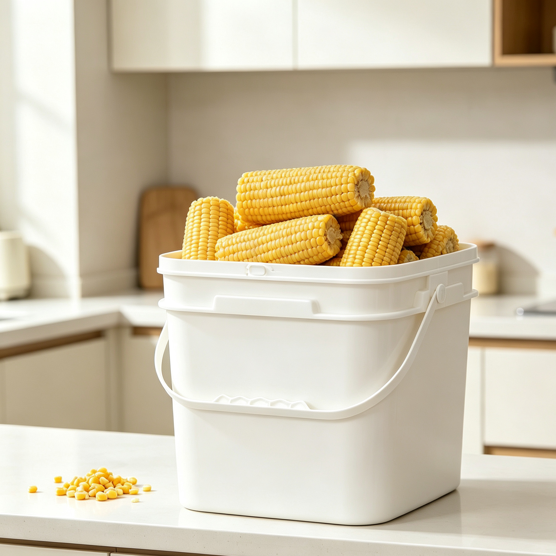 White square plastic bucket with arc handle filled with fresh corn cobs, placed on kitchen countertop in a bright minimal kitchen setting