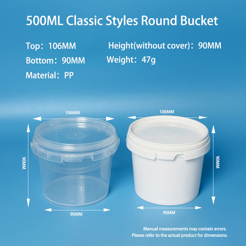500ml classic PP round bucket with tamper-evident lid – transparent and white versions, top 106mm, base 90mm, height 90mm, weight 47g