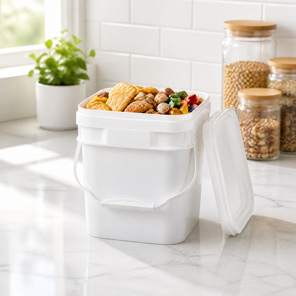 Rulyda white square plastic bucket filled with mixed snacks including crackers, cookies, nuts, and colorful candies on white marble countertop, lid placed beside it, green herb plant and glass storage jars with bamboo lids in bright kitchen background