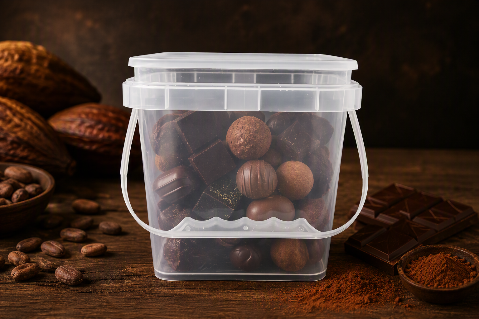 Rulyda clear square plastic bucket filled with assorted chocolate truffles and dark chocolate pieces on rustic wooden surface, surrounded by cocoa pods, raw cocoa beans, chocolate bars, and cocoa powder in dark moody background