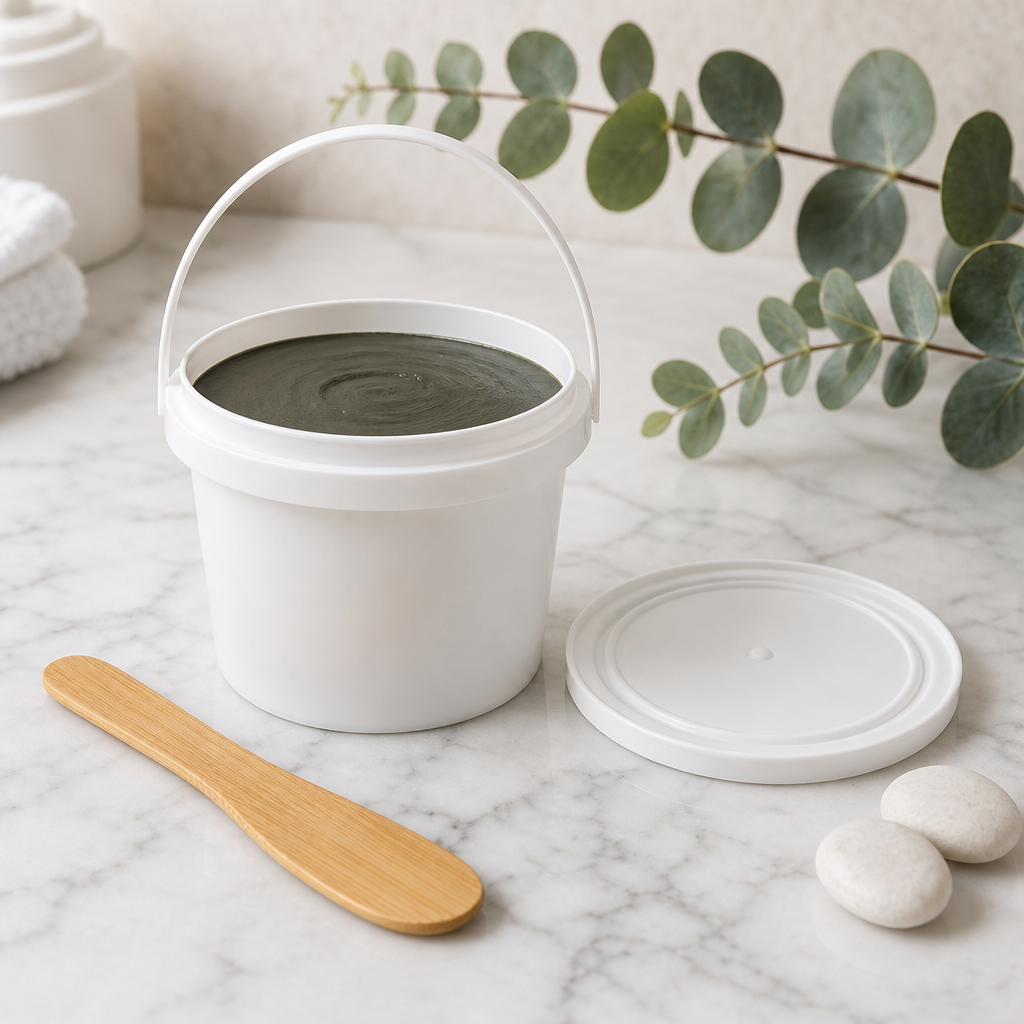 White round plastic bucket with arc handle open-lidded, filled with grey-green clay mask, displayed on marble surface with wooden spatula, white stones, and eucalyptus branches in a spa setting