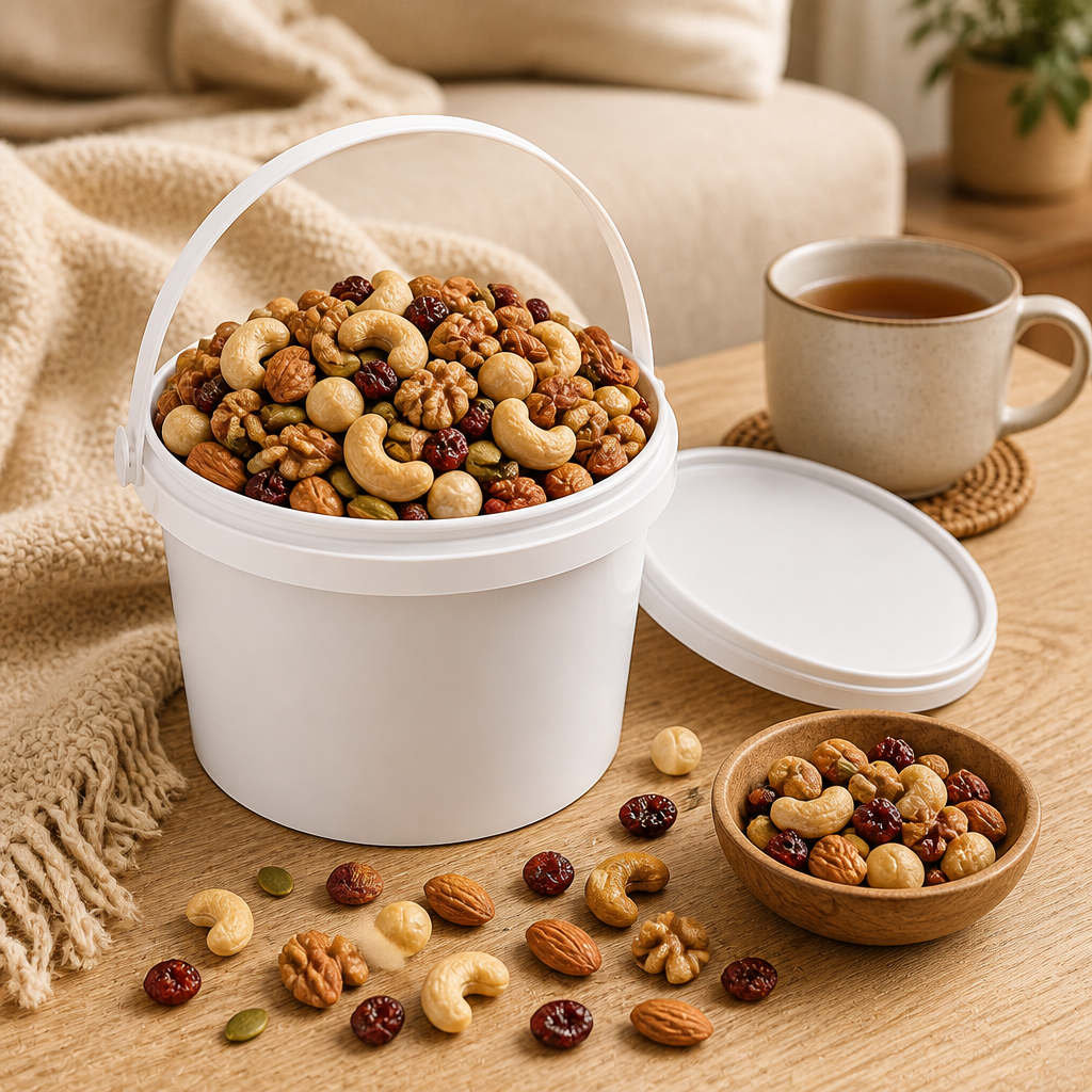White round plastic bucket with arc handle filled with mixed nuts and dried fruits, flat lid removed, displayed on wooden table with wooden bowl, tea cup, and knit throw in a warm home setting