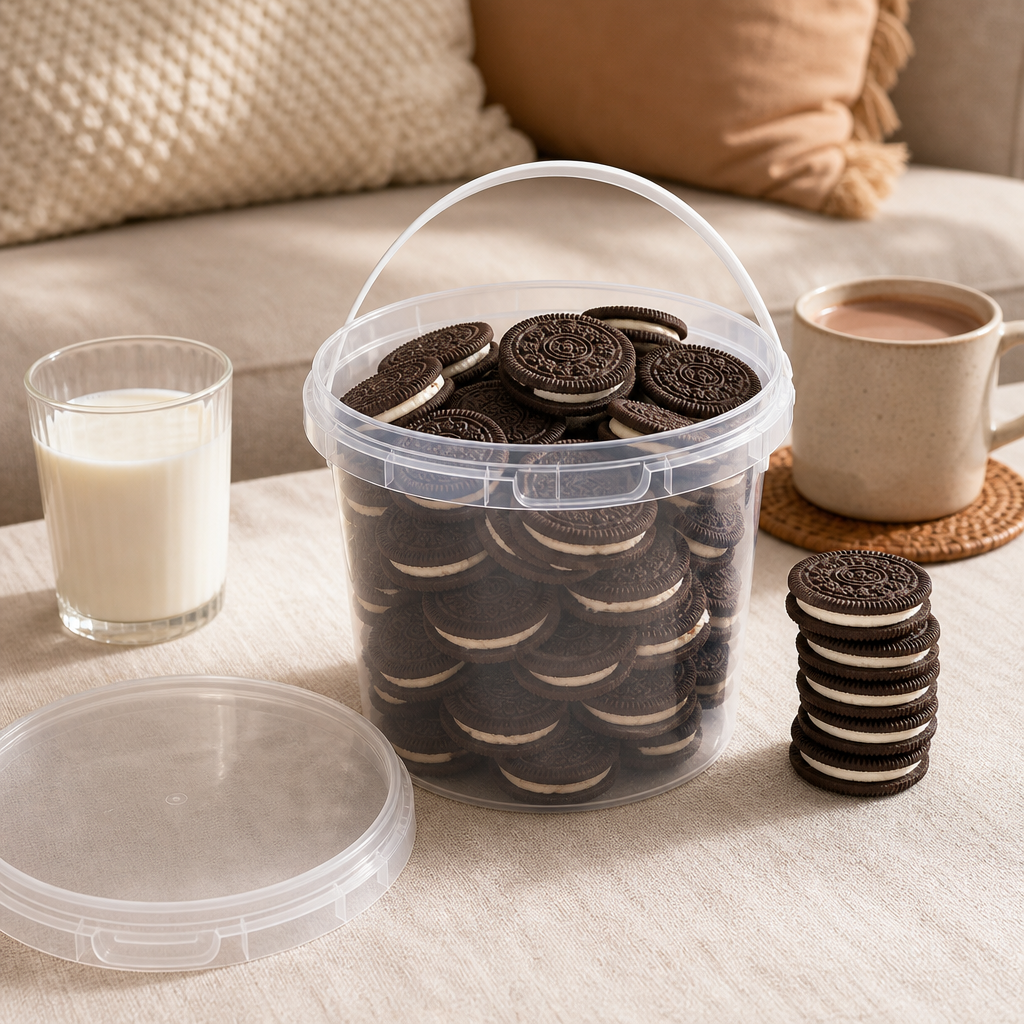 Transparent round plastic bucket with arc handle filled with cream sandwich cookies, flat lid removed, displayed on linen table surface with a glass of milk, hot cocoa mug, and stacked cookies in a cozy home setting