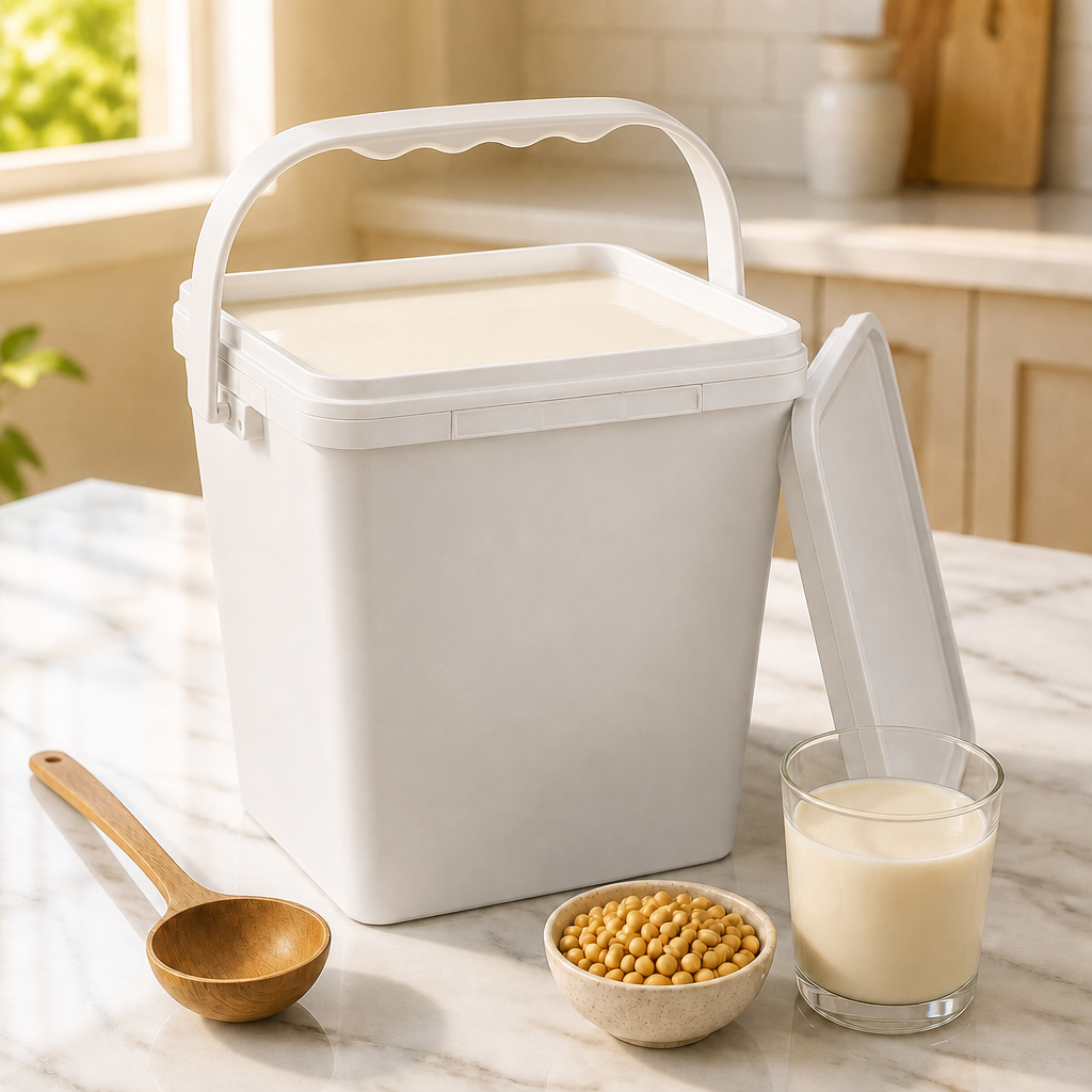 White square plastic bucket with large arc handle and snap-fit lid, displayed on marble countertop alongside soybeans, a glass of soy milk, and a wooden spoon in a warm kitchen setting