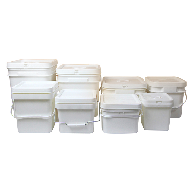 Five white PP square plastic buckets with lids and handles displayed in multiple sizes on white background – square pail product range