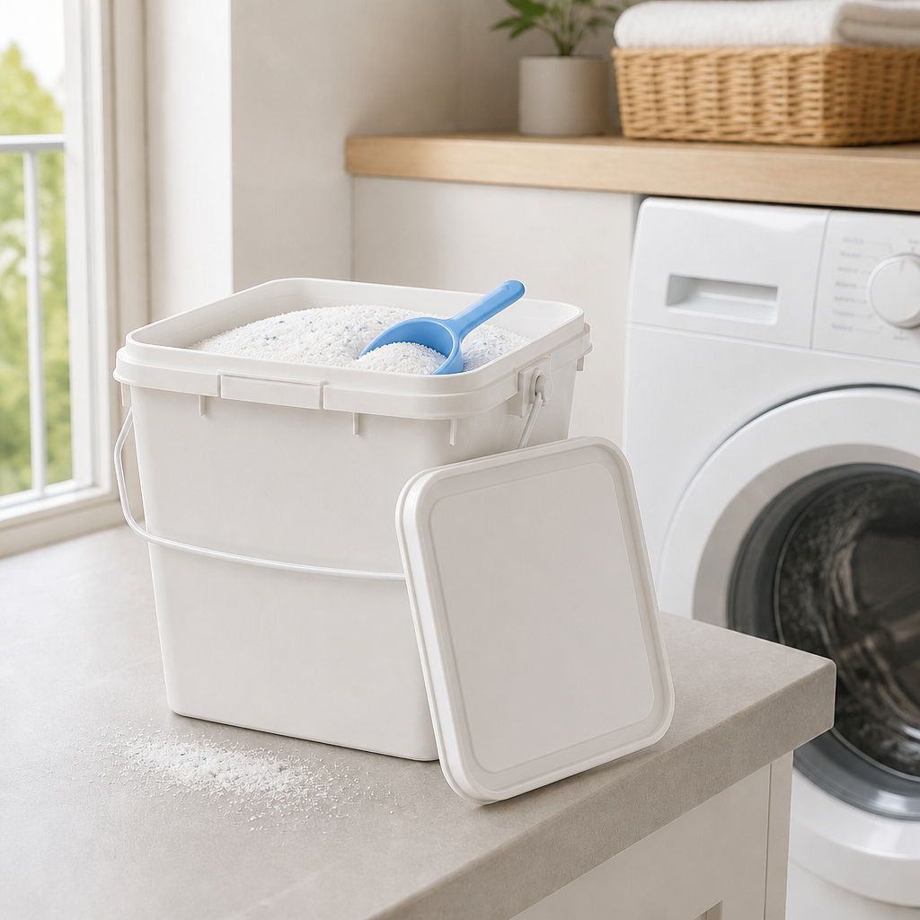 White square plastic bucket filled with laundry detergent powder and blue scoop, lid removed, placed beside a washing machine in a bright laundry room