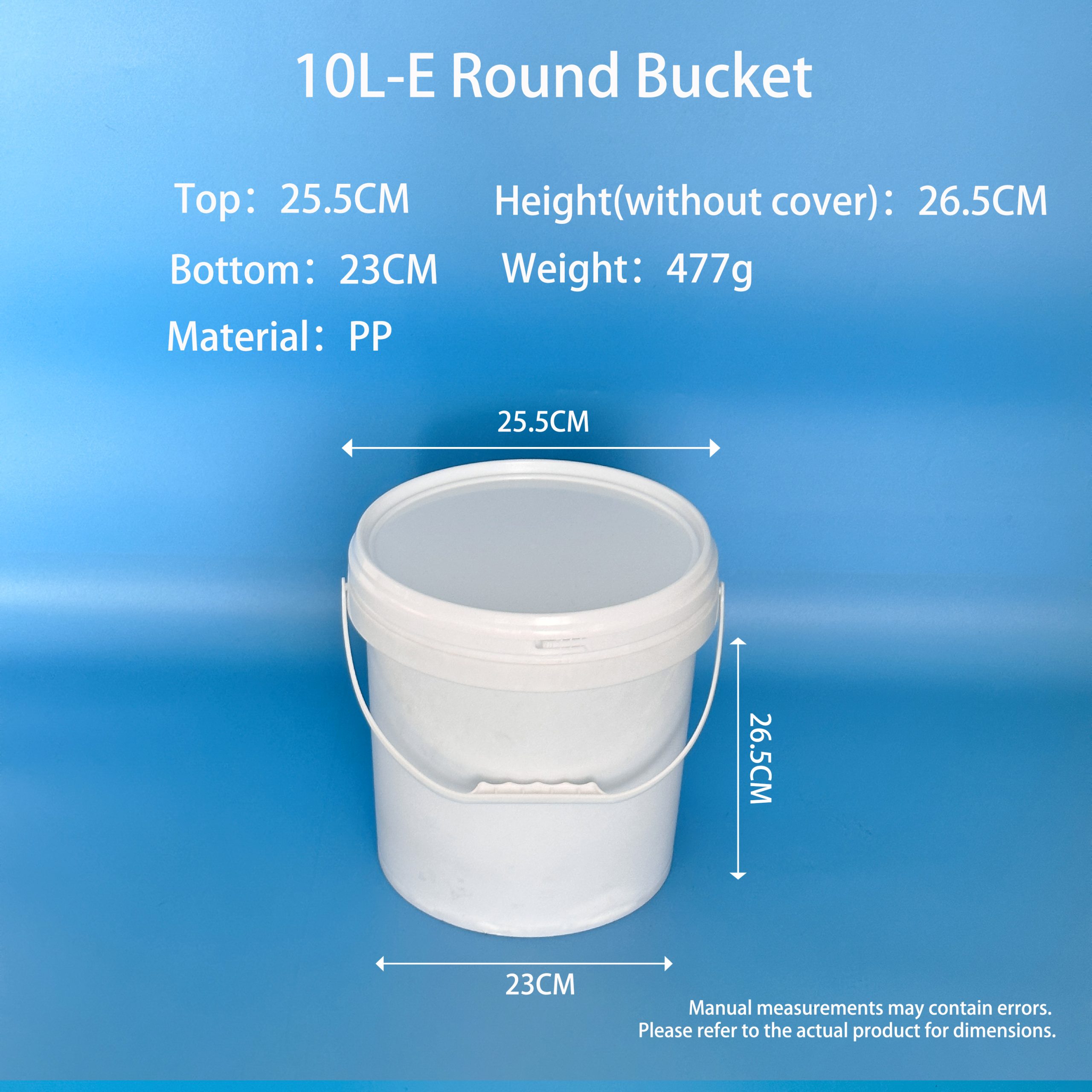 10L-E white PP round plastic bucket with snap-fit lid and plastic bail handle – top 25.5cm, base 23cm, height 26.5cm (without cover), weight 477g