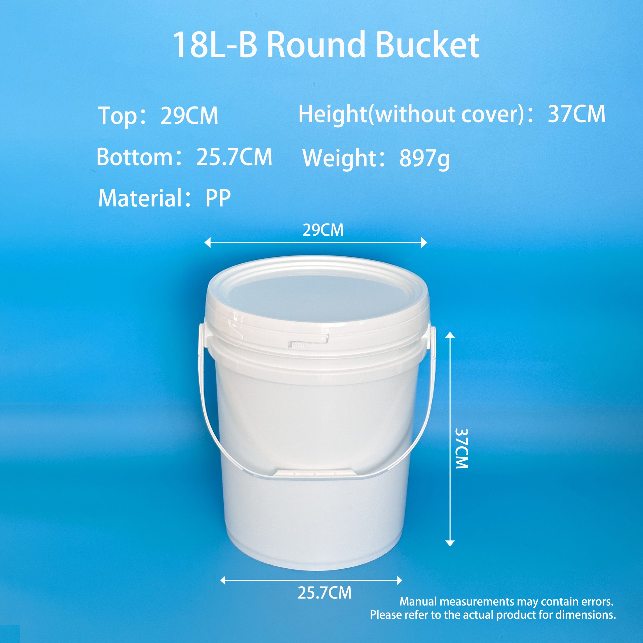 18L-B white PP round plastic bucket with snap-fit lid and plastic bail handle – top 29cm, base 25.7cm, height 37cm (without cover), weight 897g