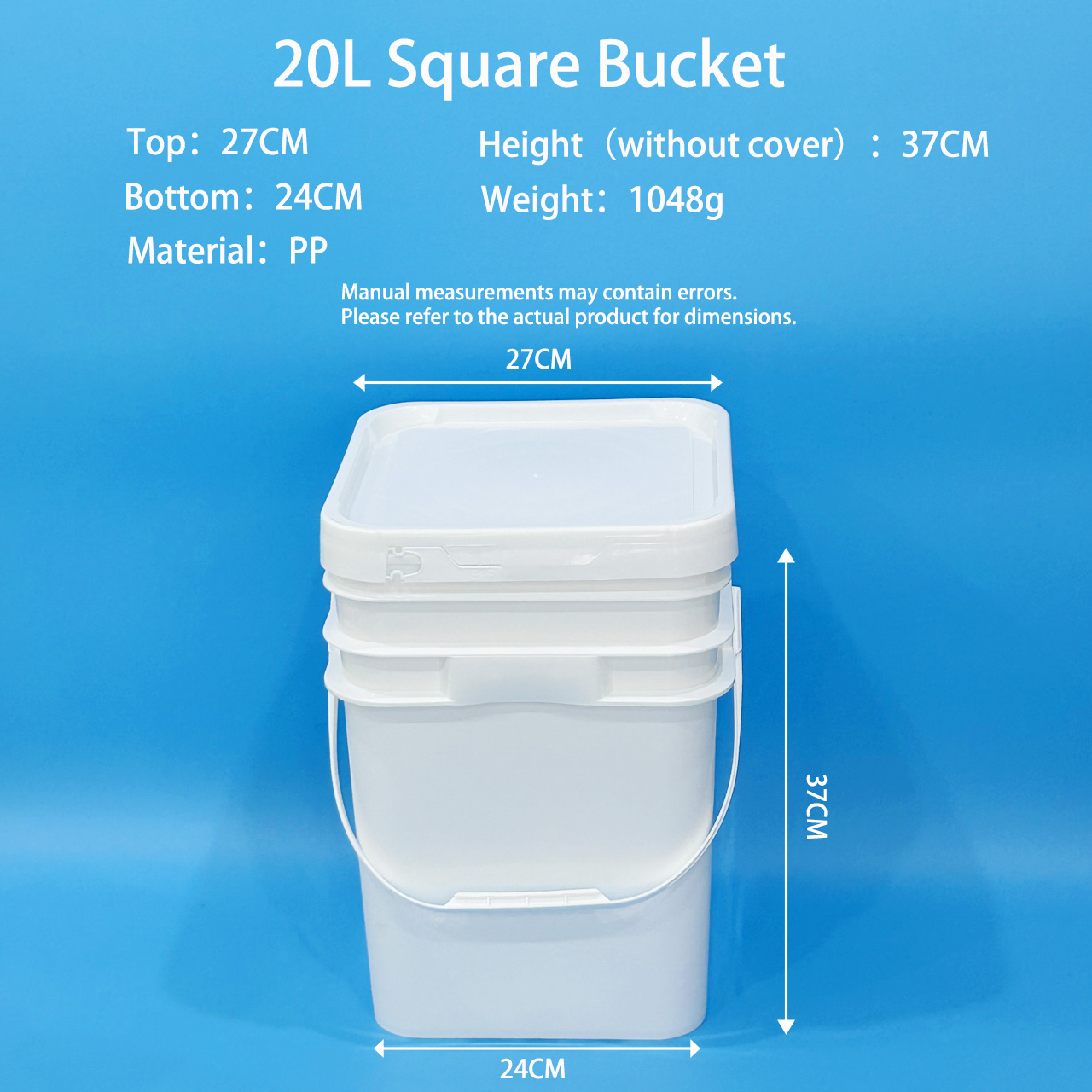 20L white PP square plastic bucket with snap-fit lid and arc plastic handle – top 27cm, base 24cm, height 37cm, weight 1048g