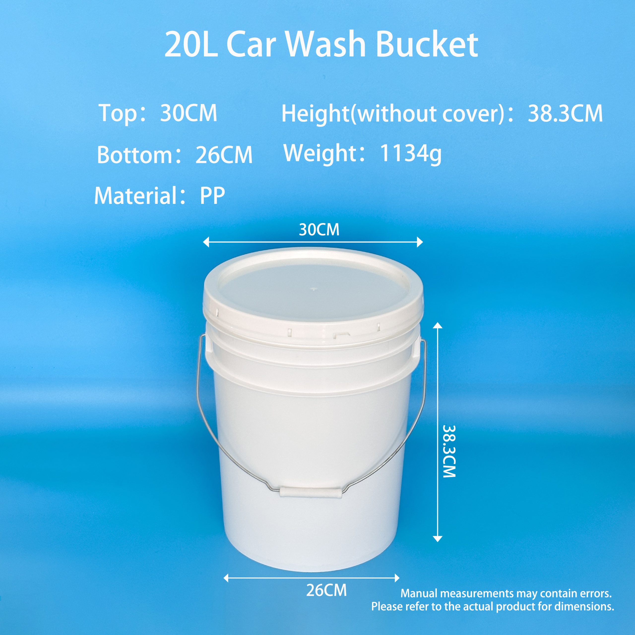 20L Car Wash Bucket in white PP with snap-fit lid and metal wire bail handle – top 30cm, base 26cm, height 38.3cm (without cover), weight 1134g