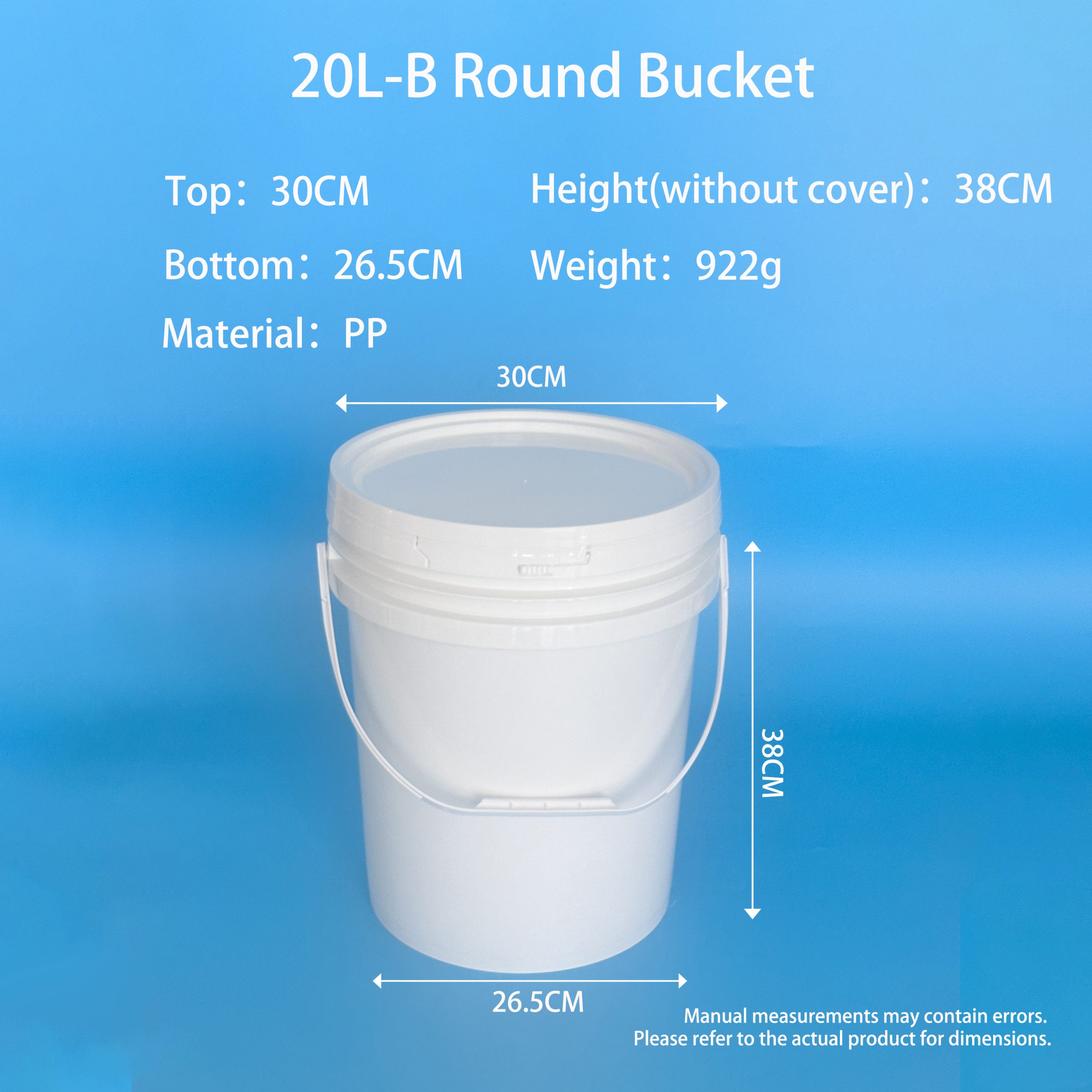 20L-B white PP round plastic bucket with snap-fit lid and plastic bail handle – top 30cm, base 26.5cm, height 38cm (without cover), weight 922g