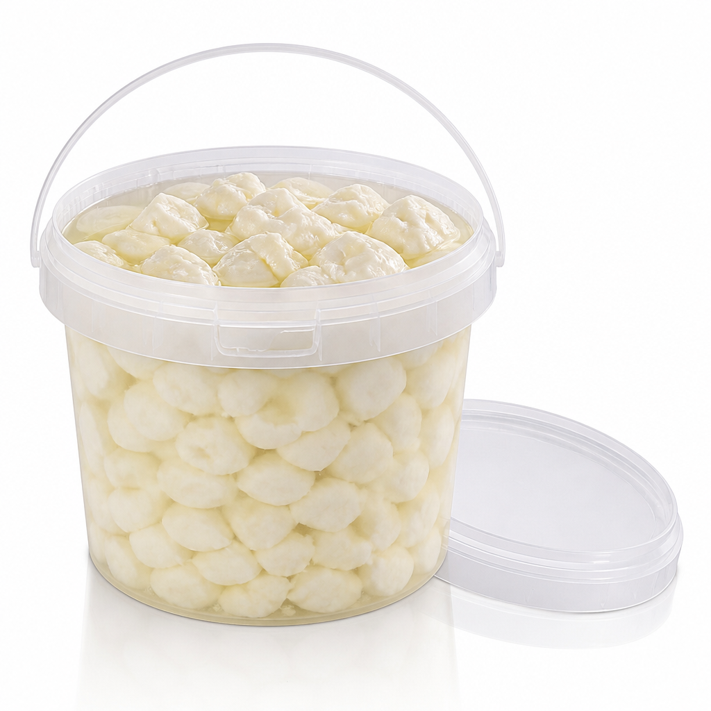 Open transparent round plastic bucket filled with small white cheese balls in brine, clear snap-fit lid placed beside it on white background