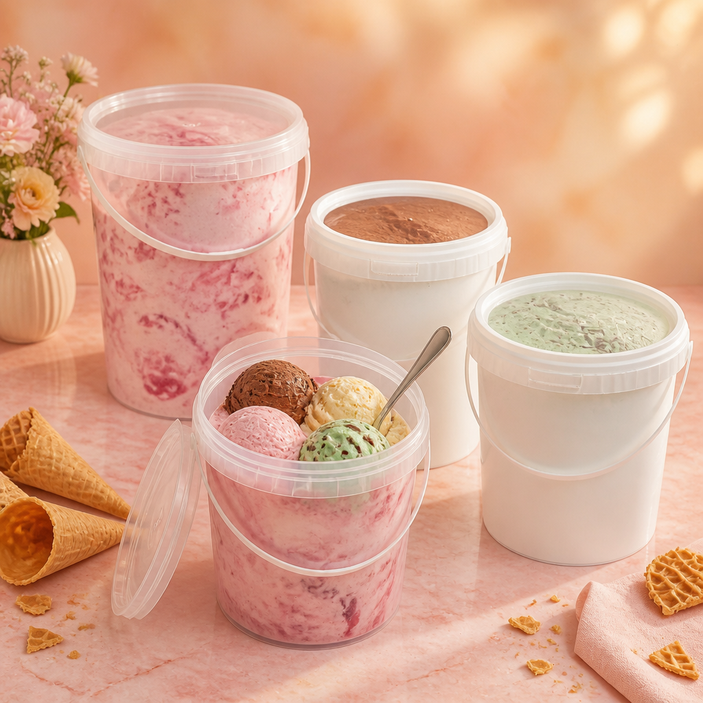 Square Plastic Buckets vs Round Pails: How Container Geometry Decides Filling, Labeling and Pallet Cube 1 Open transparent round plastic bucket filled with small white cheese balls in brine, clear snap-fit lid placed beside it on white background