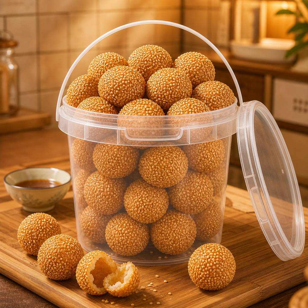 Transparent round plastic bucket with arc handle and hinged snap lid filled with sesame balls, one sesame ball cut open showing glutinous rice interior, displayed on bamboo cutting board with dipping sauce bowl in warm kitchen setting