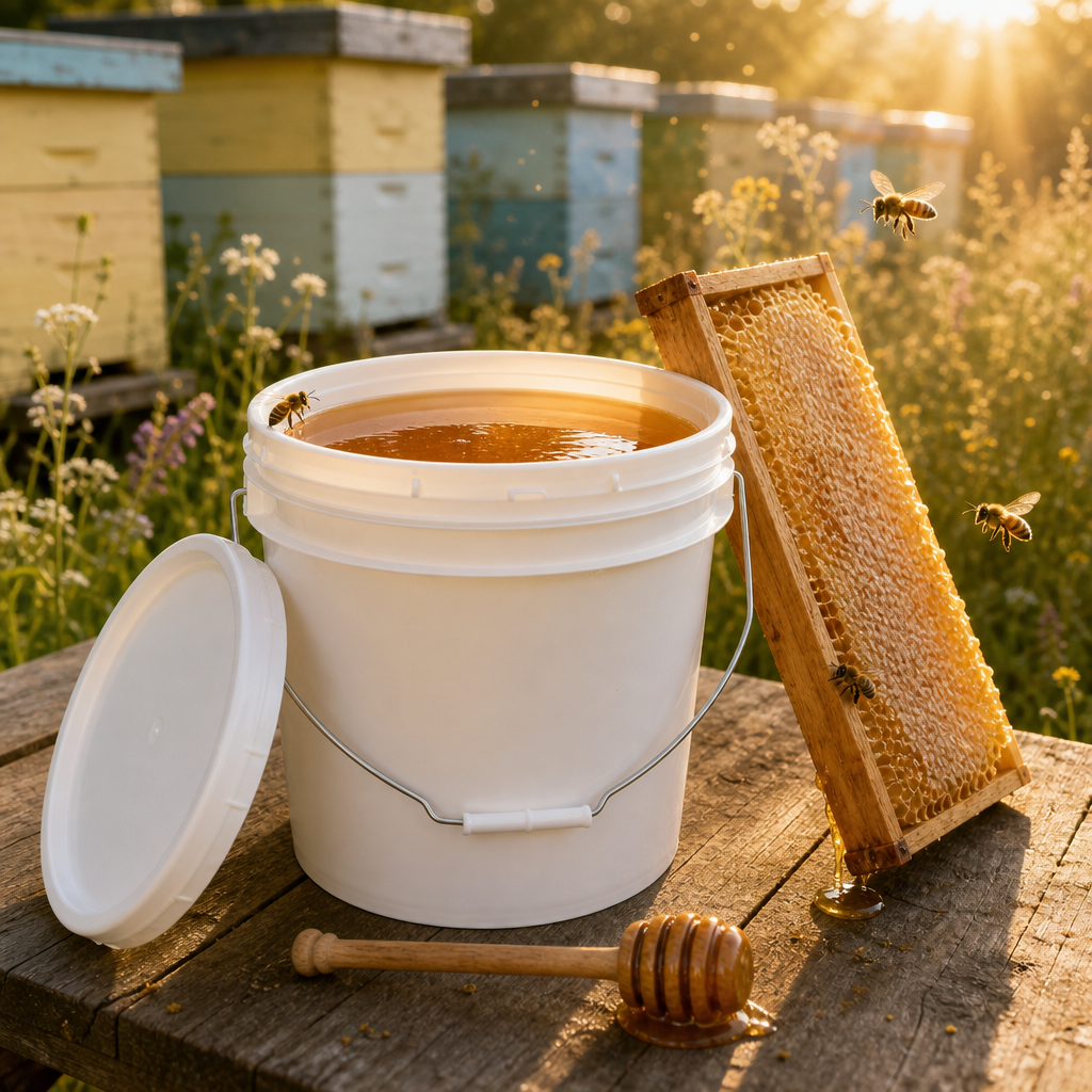 White round plastic bucket with metal handle filled with raw honey, flat lid removed, displayed on wooden surface beside a honeycomb frame, honey dipper, and flying bees, with colorful beehives and wildflower meadow in golden sunlight background