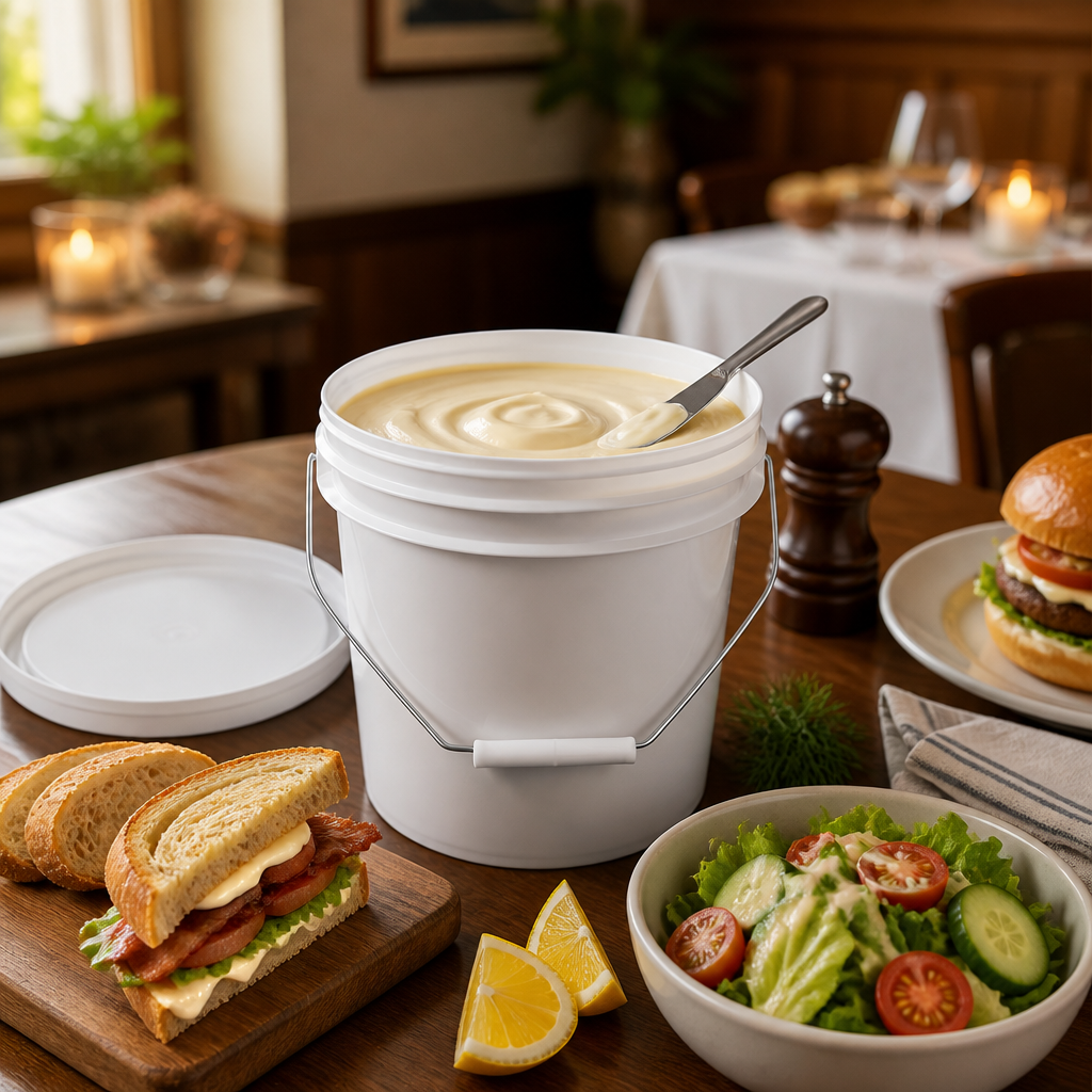 White round plastic bucket with metal handle filled with creamy mayonnaise and stainless spatula, flat lid removed, displayed on restaurant dining table alongside BLT sandwich, burger, green salad, and lemon wedges in warm bistro setting