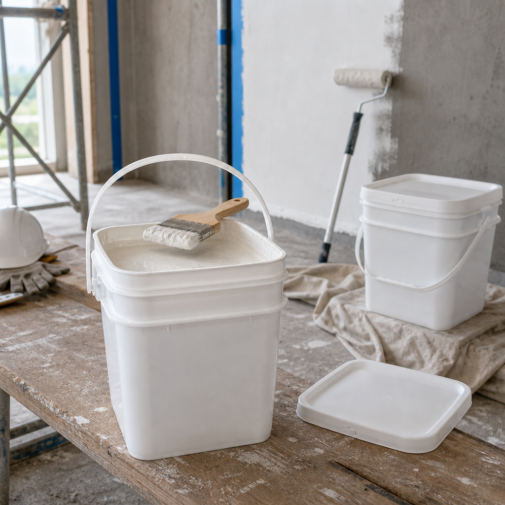Two white square plastic buckets with arc handles on a weathered workbench in an interior construction site — front bucket open and filled with white wall paint with a paintbrush resting on rim, lid placed beside it, second bucket closed in background, with paint roller and canvas drop cloth