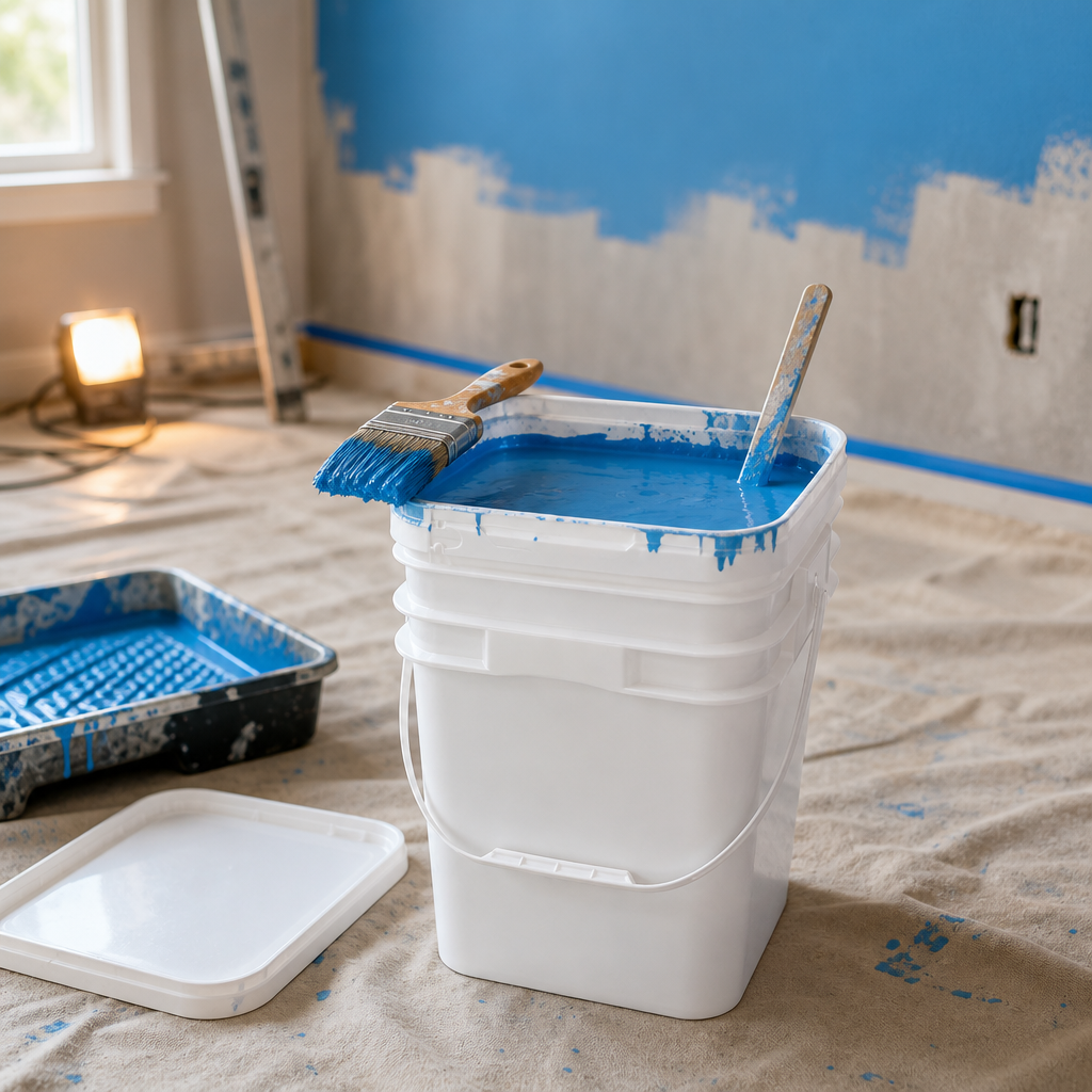 White square plastic bucket with arc handle filled with blue latex wall paint, paintbrush and mixing stick resting on rim with paint dripping down sides, flat lid on drop cloth, alongside a paint tray on a canvas-covered floor in a residential interior painting setting