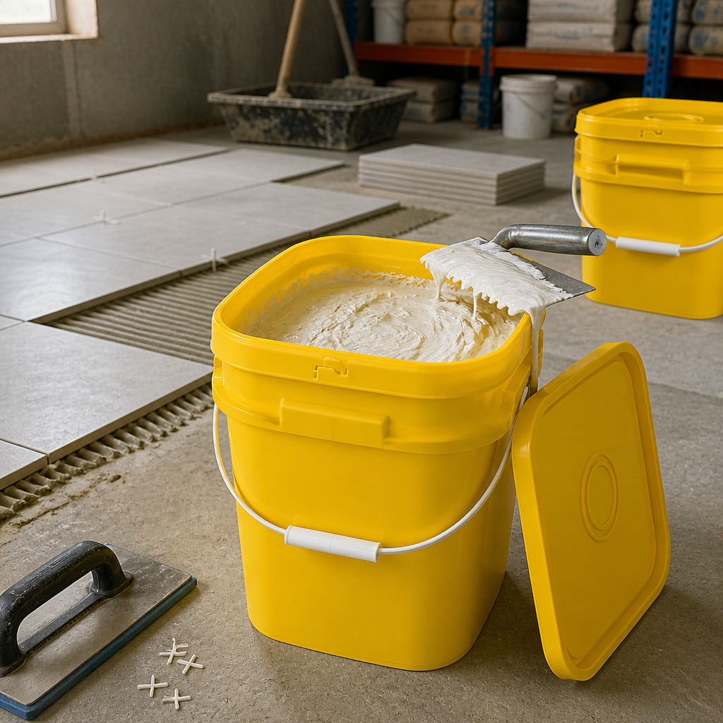 Two yellow square plastic buckets with metal handles on a tile installation construction site — front bucket open and filled with white tile adhesive with a notched trowel resting on rim, yellow lid on floor beside tile spacers and a float, second yellow bucket closed in background near cement bags on warehouse shelving