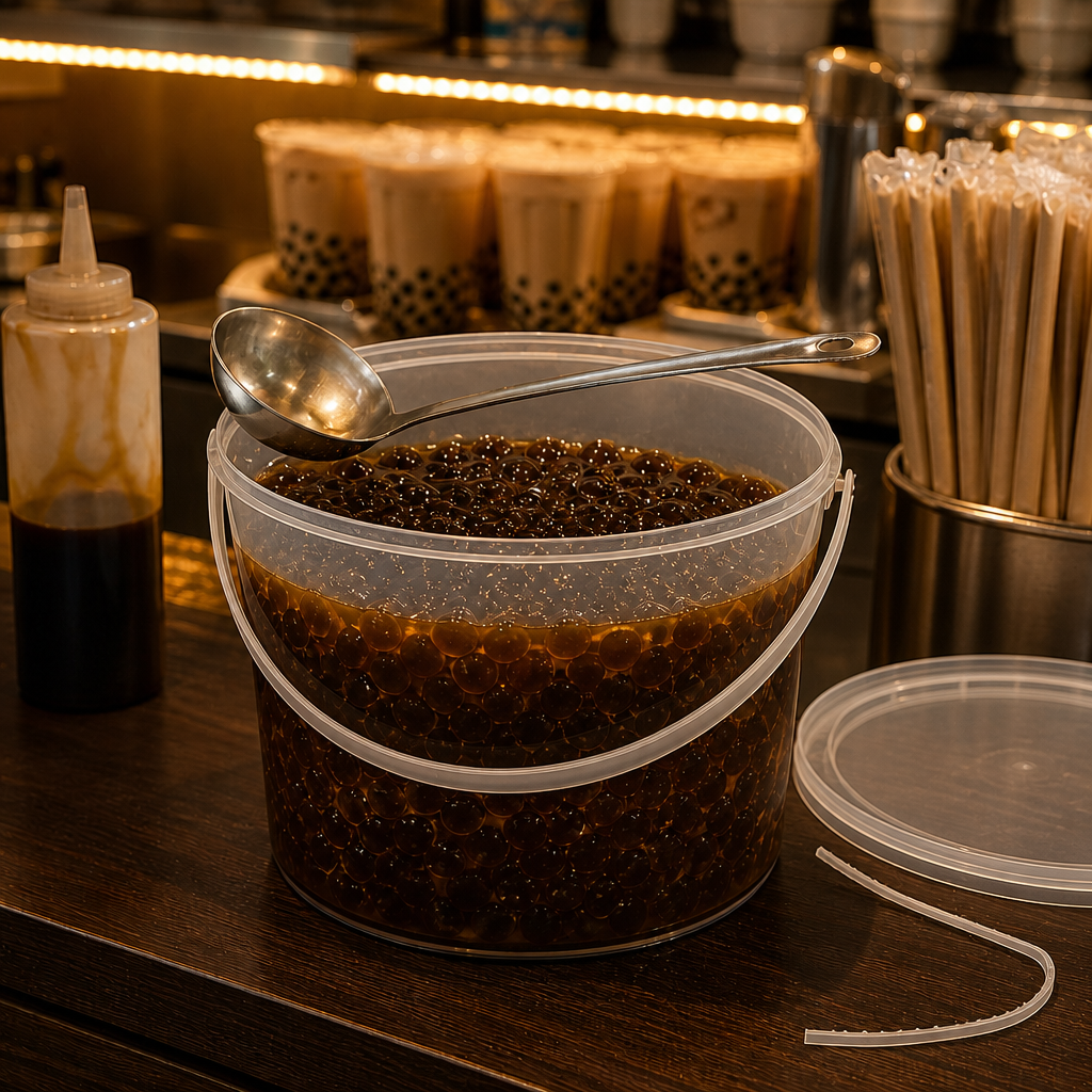 Open transparent round plastic bucket filled with black tapioca pearls in brown syrup, metal ladle resting across rim, clear lid leaning against side — bubble tea shop preparation counter in background
