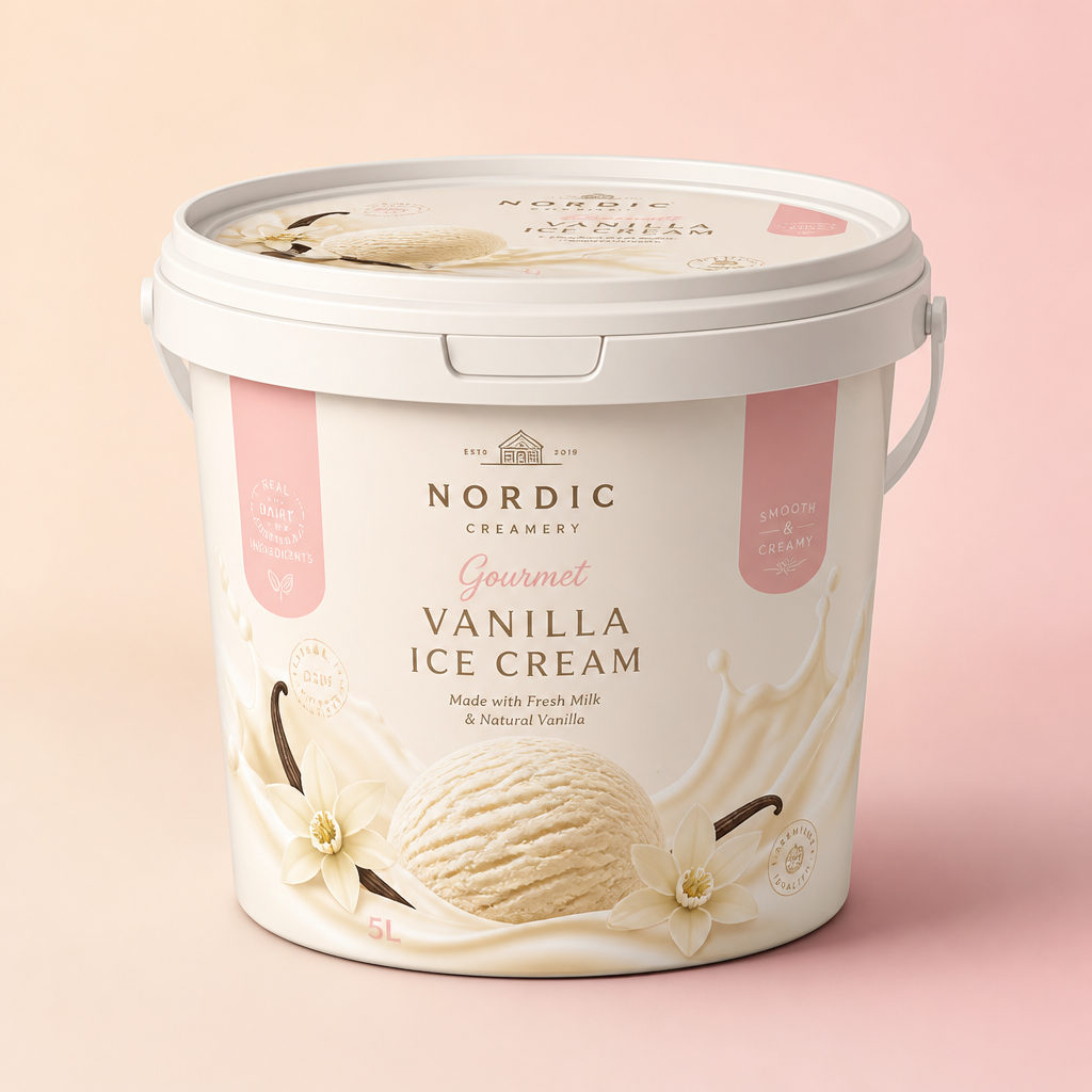 Secchiello rotondo in plastica personalizzato da 5 litri per gelato, con coperchio a scatto e manico in plastica — caratterizzato da etichettatura In-Mold Labeling (IML) a copertura totale sia sulla parete del secchiello che sul coperchio, con un disegno grafico fotorealistico della vaniglia “Nordic Creamery”