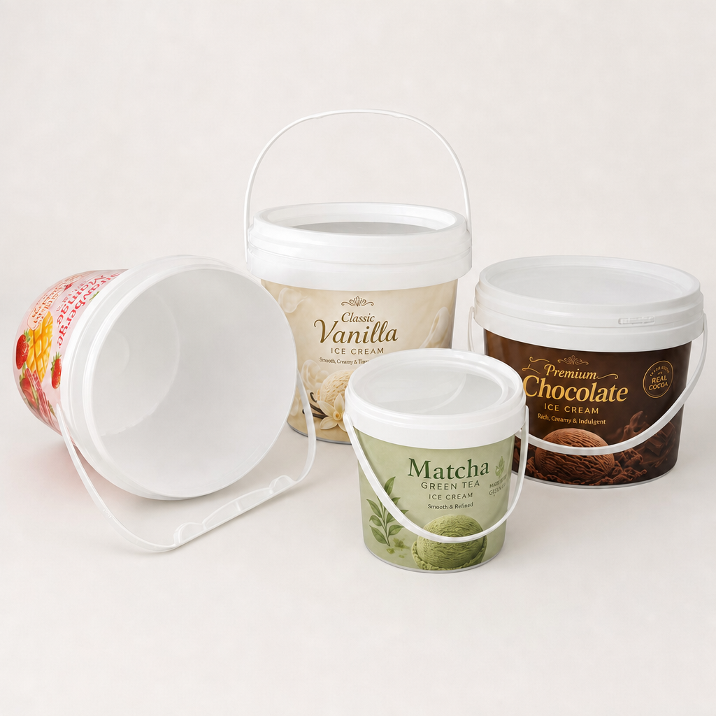 Quattro secchielli rotondi in plastica per gelato, personalizzati con stampa su sfondo bianco e dotati di manici in plastica — con immagini dei gusti Vaniglia, Matcha e Cioccolato; uno è inclinato e aperto, mostrando l’interno bianco; sono dotati di coperchi con finestra trasparente e di un coperchio bianco a tinta unita
