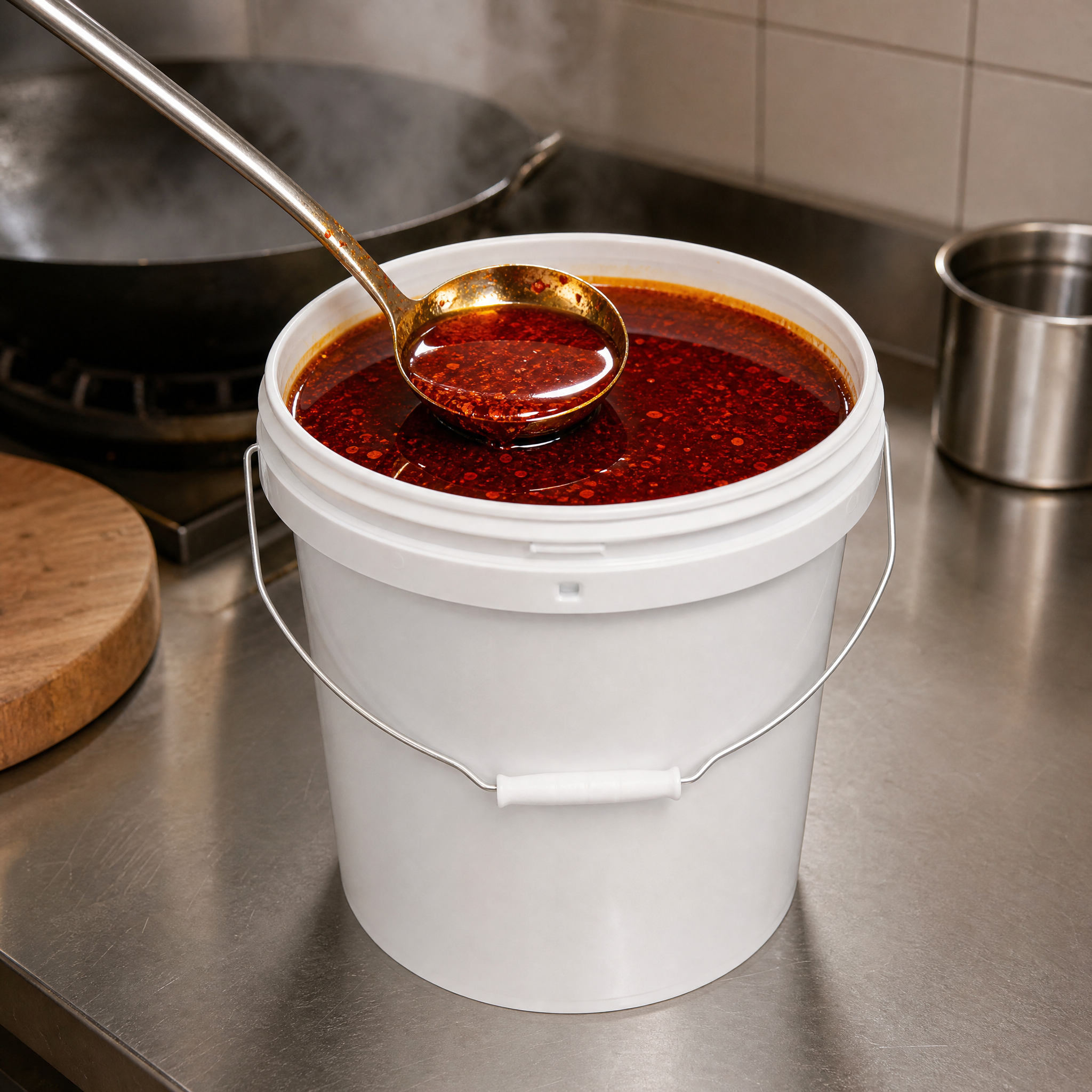 Open white plastic bucket with a metal wire handle and white plastic grip, filled with red chili oil and a metal ladle resting inside on a stainless steel kitchen counter