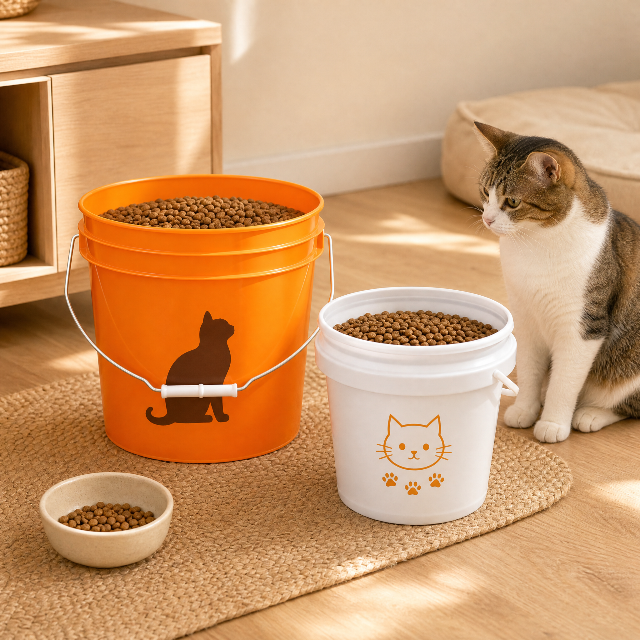 Two open round plastic buckets in orange and white filled with dry cat food kibble — orange bucket features a brown cat silhouette and white bucket has an orange cat face graphic, placed beside a small food bowl and a sitting tabby cat on a woven mat