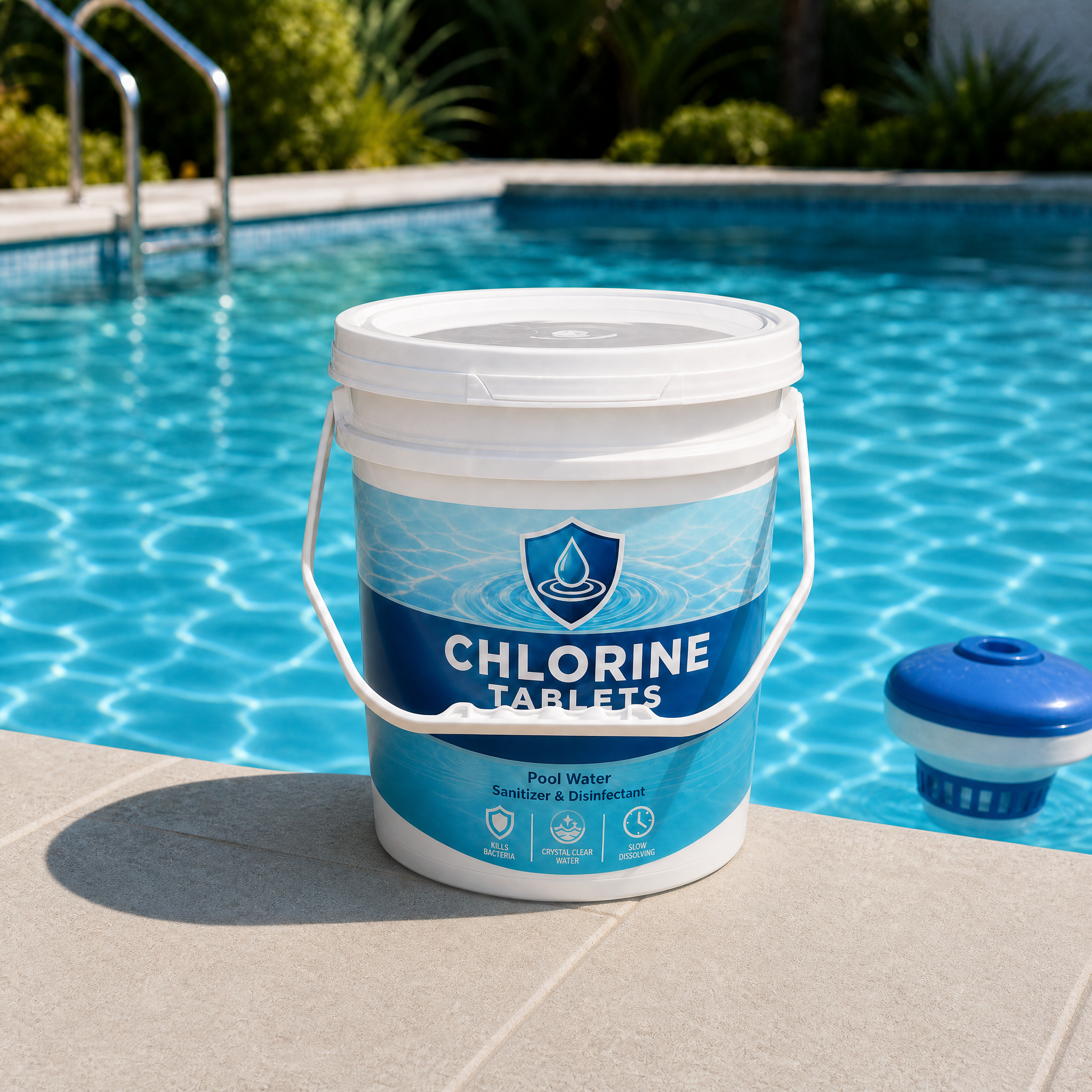 White round plastic bucket with lid and plastic handle featuring a blue 