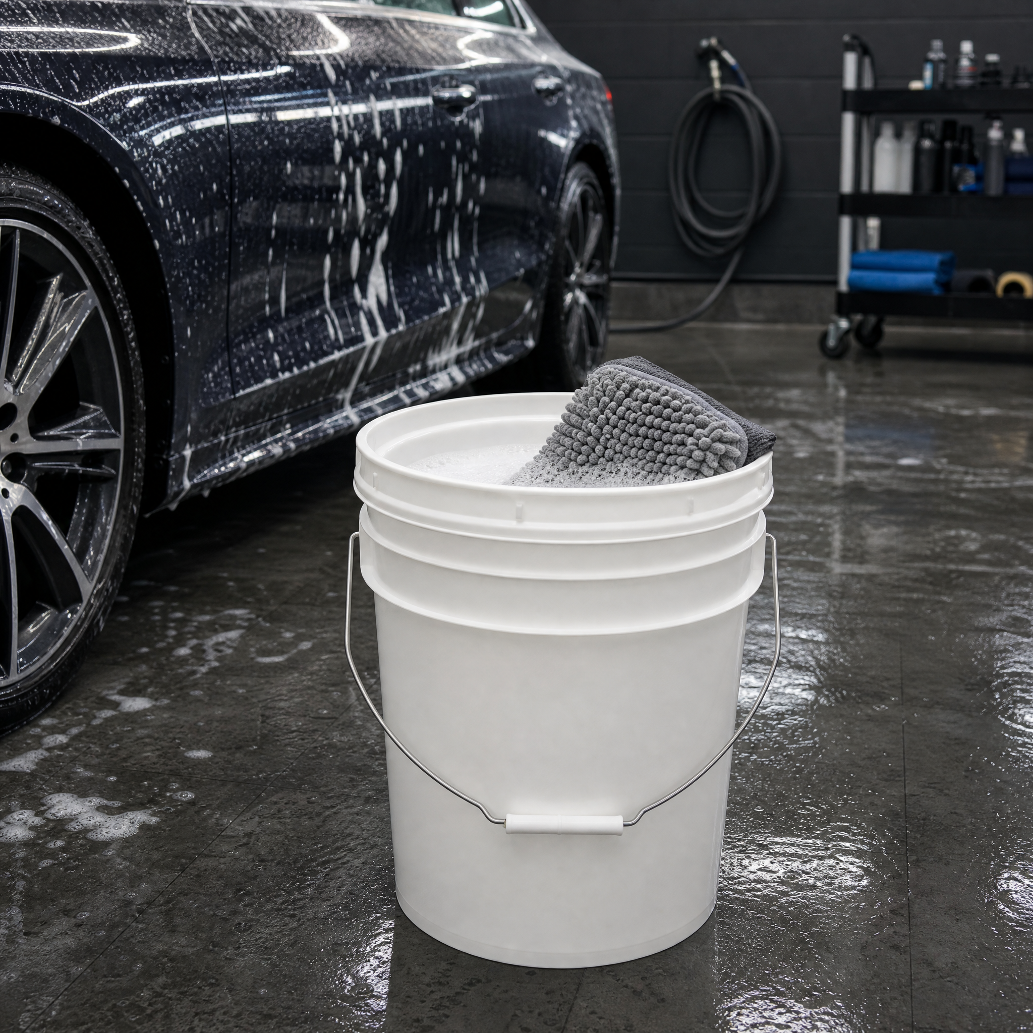 Open white plastic bucket with a metal wire handle and white grip, filled with soapy water and a gray microfiber wash mitt, positioned next to a foam-covered car in a detailing garage