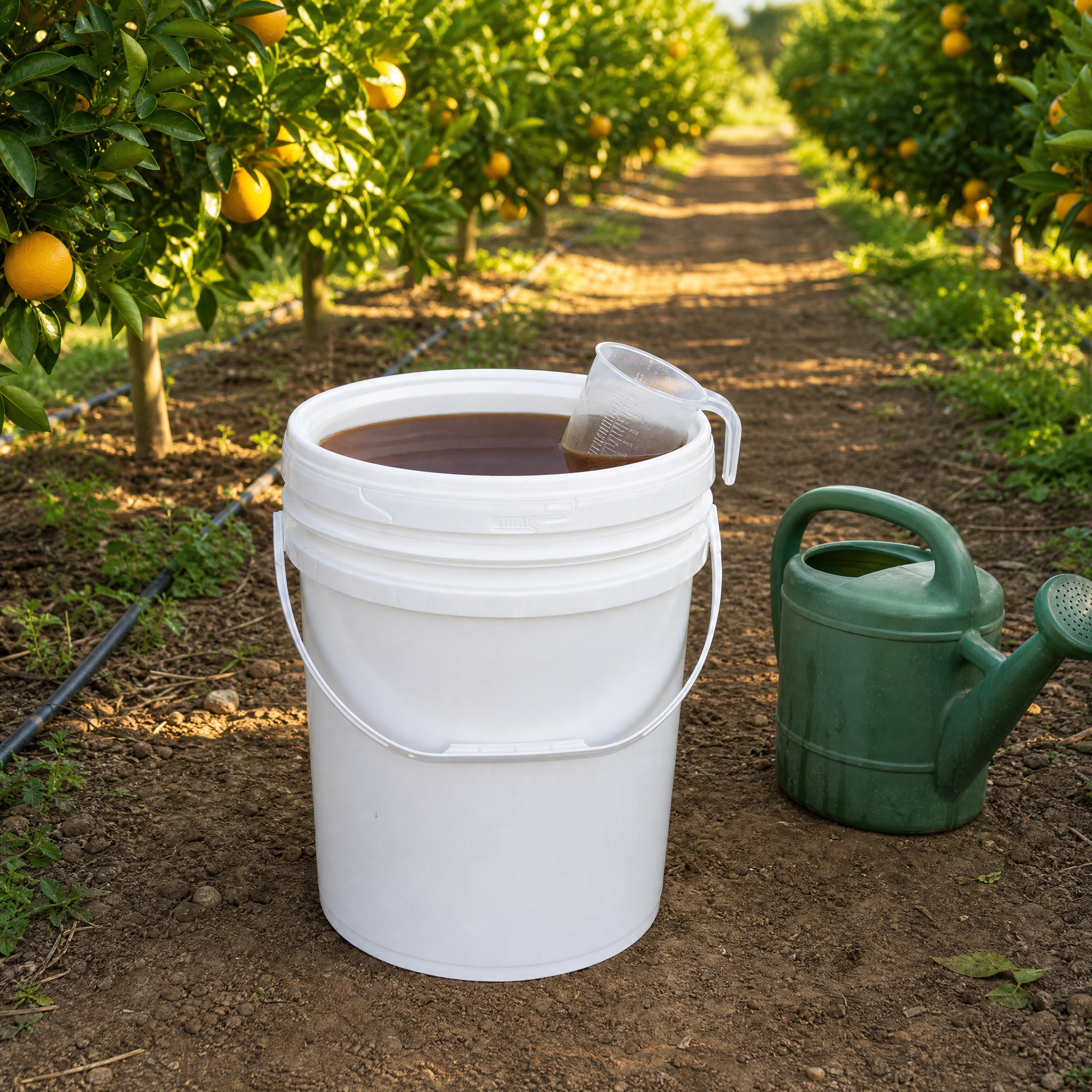 Secchio di plastica bianco aperto con un manico di plastica, pieno di un liquido marrone e con all’interno un misurino di plastica trasparente, posizionato accanto a un annaffiatoio verde su un sentiero sterrato in un frutteto di aranci
